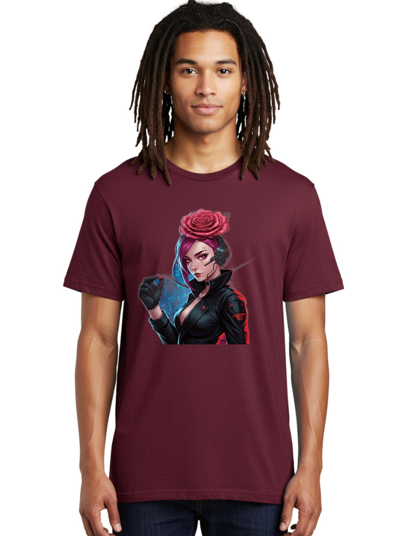 Rose-Girl Men'S Graphic Tee, 100% Cotton, Comfortable Casual Summer Wear, Machine Washable, Pink Hair, Red Rose, Black Leather Jacket, Cyberpunk Style, Futuristic Fashion, Gaming Character, League Of Legends, Esports, K/Da Akali Bac378