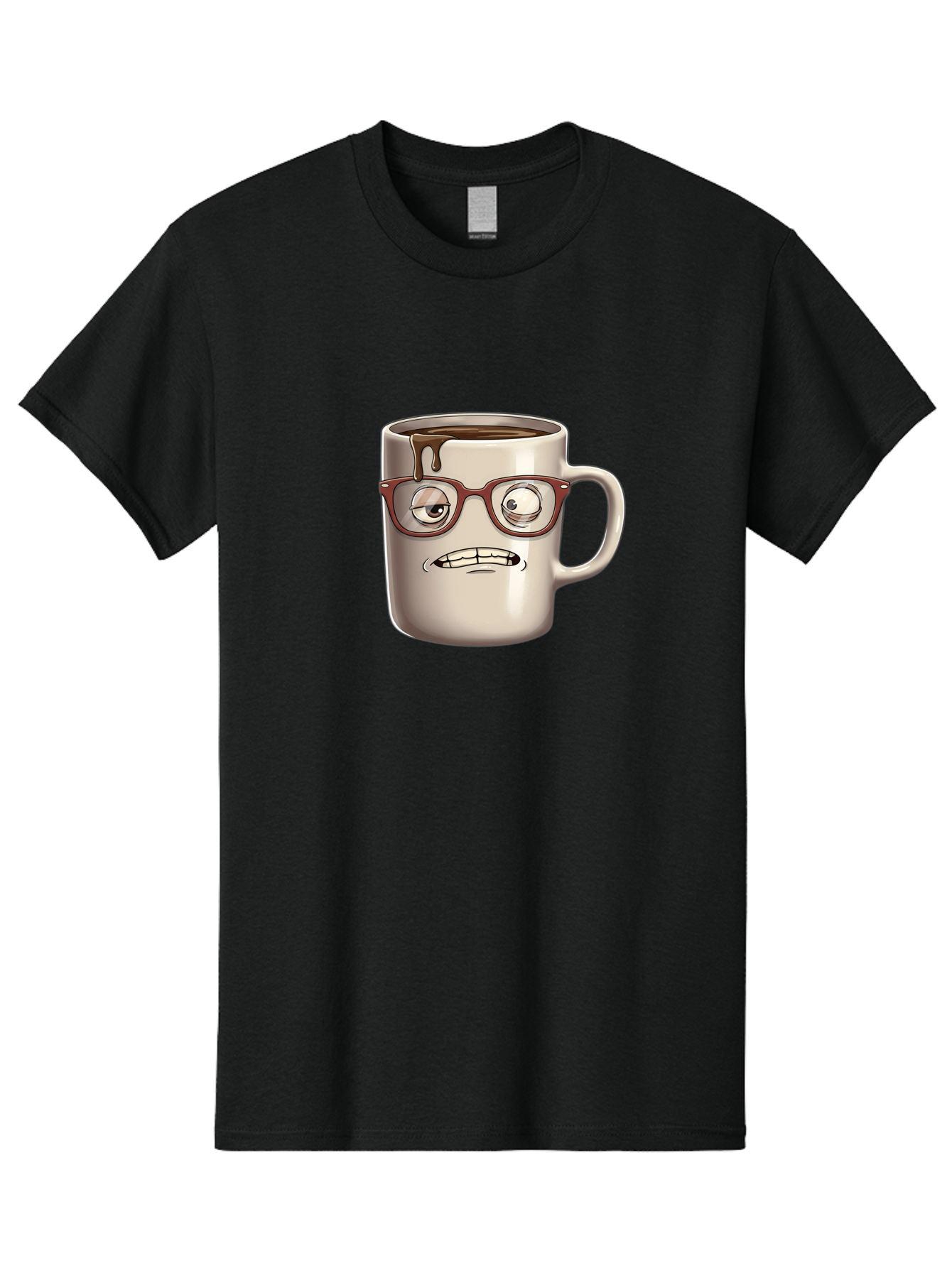 Sad-Coffee-Mug-1 Men'S Graphic Tee, 100% Cotton, Comfortable Casual Summer Wear, Machine Washable, Coffee Mug With Face, Cartoon Character, Anthropomorphic Design, Quirky Personality, Humorous Expression, Glasses, Coffee Stains, Bac382