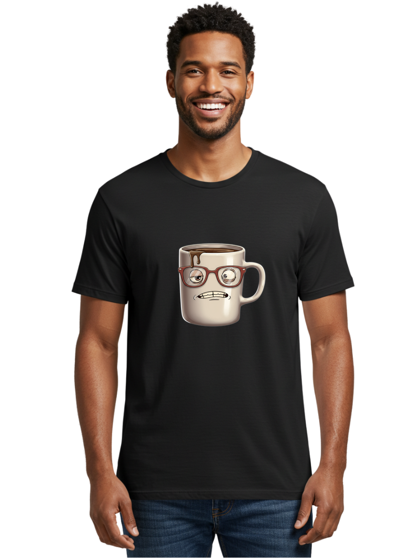 Sad-Coffee-Mug-1 Men'S Graphic Tee, 100% Cotton, Comfortable Casual Summer Wear, Machine Washable, Coffee Mug With Face, Cartoon Character, Anthropomorphic Design, Quirky Personality, Humorous Expression, Glasses, Coffee Stains, Bac382