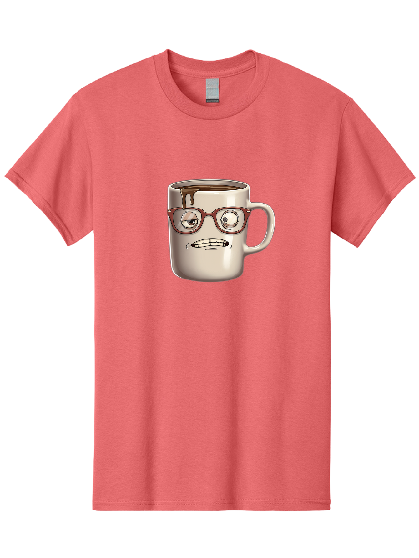 Sad-Coffee-Mug-1 Men'S Graphic Tee, 100% Cotton, Comfortable Casual Summer Wear, Machine Washable, Coffee Mug With Face, Cartoon Character, Anthropomorphic Design, Quirky Personality, Humorous Expression, Glasses, Coffee Stains, Bac382