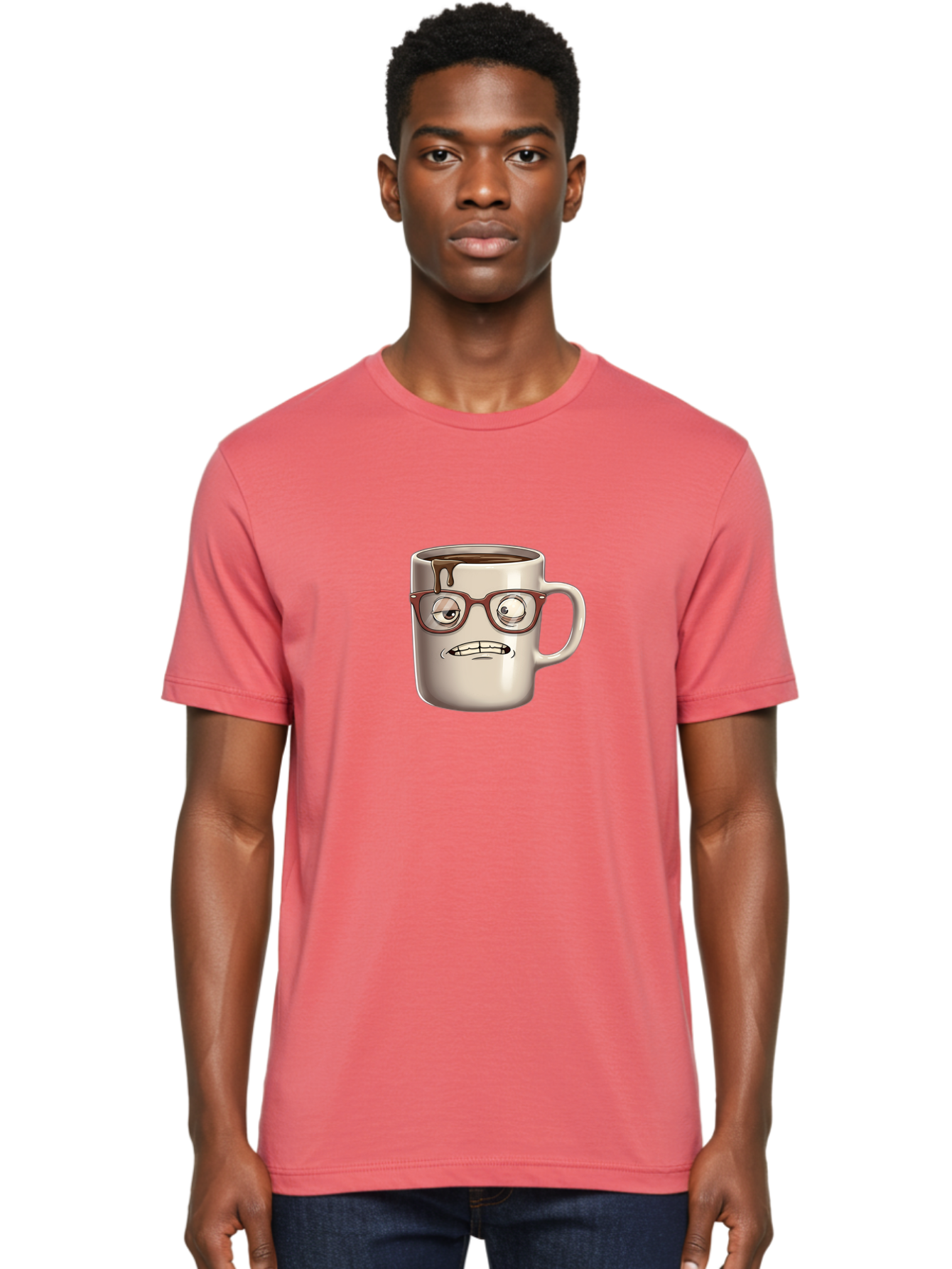 Sad-Coffee-Mug-1 Men'S Graphic Tee, 100% Cotton, Comfortable Casual Summer Wear, Machine Washable, Coffee Mug With Face, Cartoon Character, Anthropomorphic Design, Quirky Personality, Humorous Expression, Glasses, Coffee Stains, Bac382