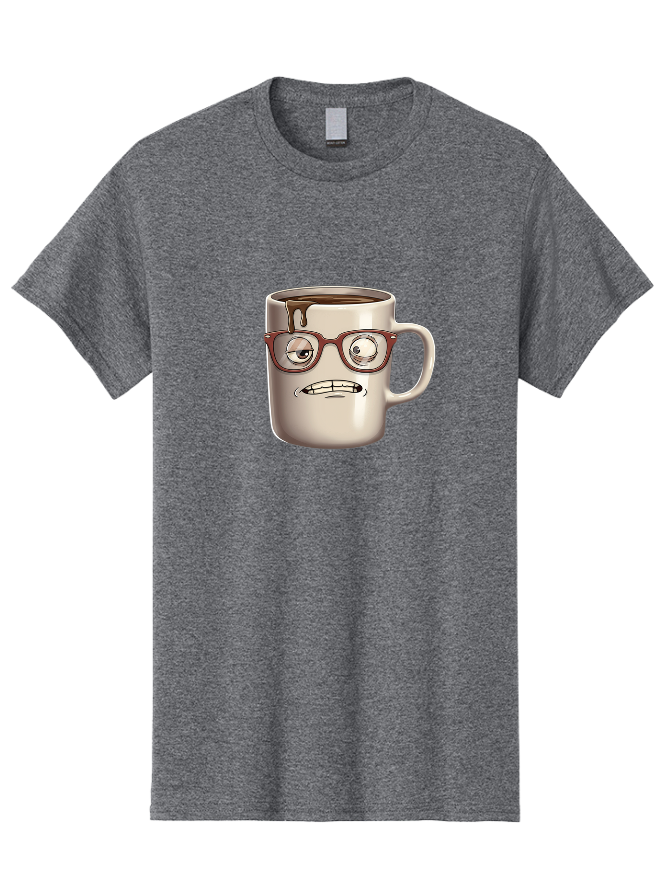Sad-Coffee-Mug-1 Men'S Graphic Tee, 100% Cotton, Comfortable Casual Summer Wear, Machine Washable, Coffee Mug With Face, Cartoon Character, Anthropomorphic Design, Quirky Personality, Humorous Expression, Glasses, Coffee Stains, Bac382
