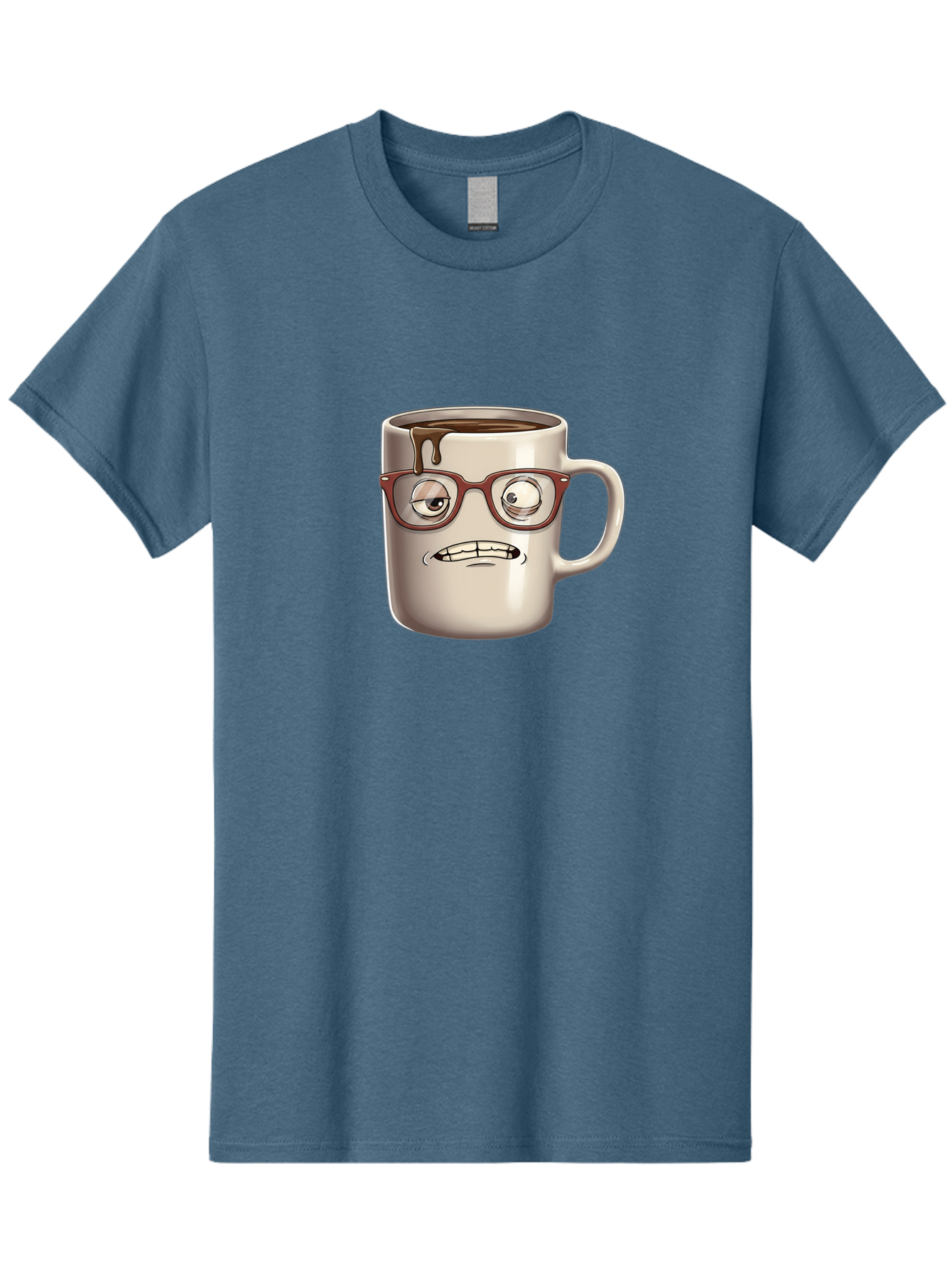 Sad-Coffee-Mug-1 Men'S Graphic Tee, 100% Cotton, Comfortable Casual Summer Wear, Machine Washable, Coffee Mug With Face, Cartoon Character, Anthropomorphic Design, Quirky Personality, Humorous Expression, Glasses, Coffee Stains, Bac382