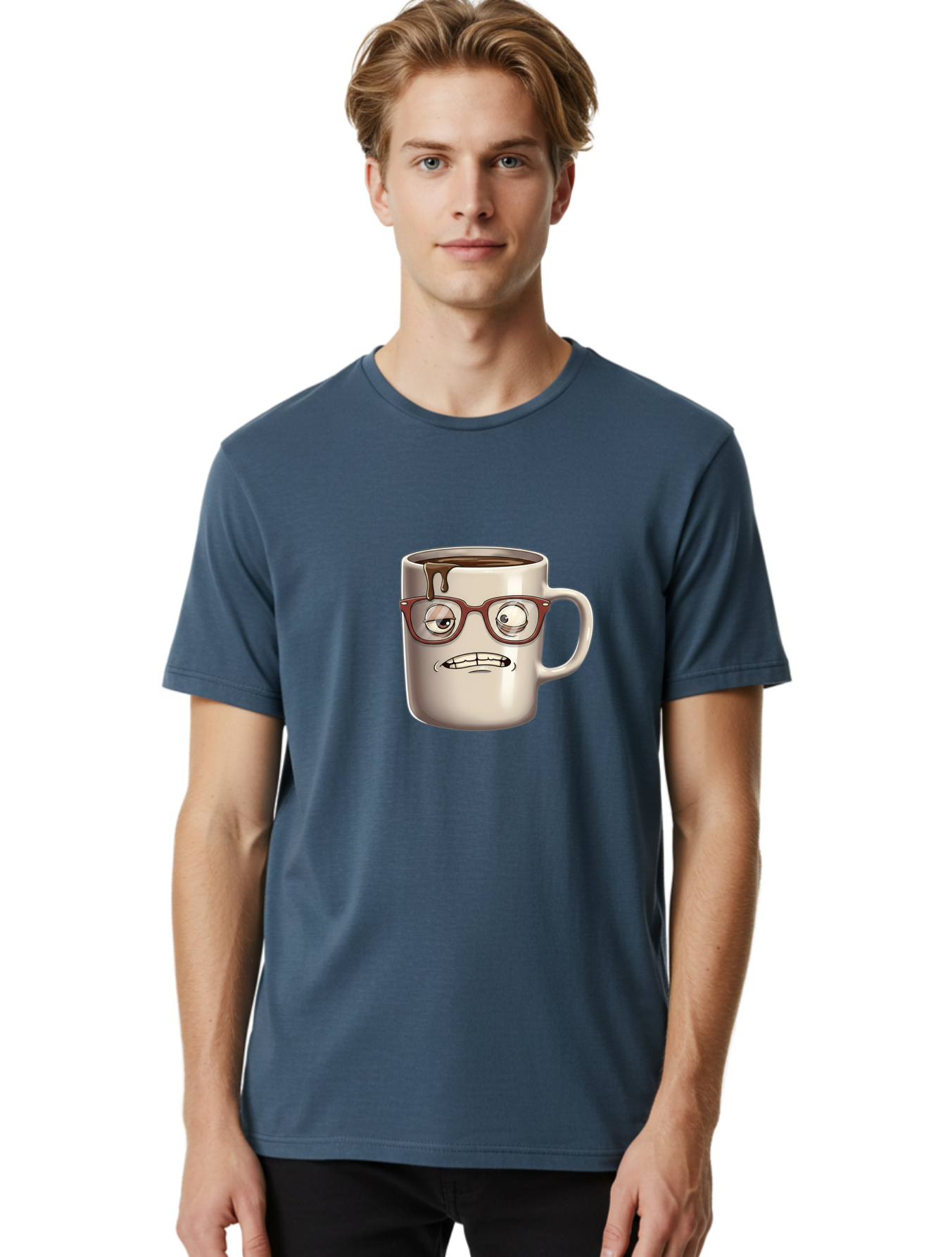 Sad-Coffee-Mug-1 Men'S Graphic Tee, 100% Cotton, Comfortable Casual Summer Wear, Machine Washable, Coffee Mug With Face, Cartoon Character, Anthropomorphic Design, Quirky Personality, Humorous Expression, Glasses, Coffee Stains, Bac382