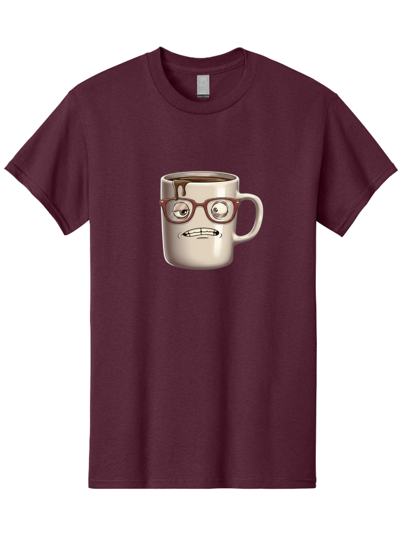 Sad-Coffee-Mug-1 Men'S Graphic Tee, 100% Cotton, Comfortable Casual Summer Wear, Machine Washable, Coffee Mug With Face, Cartoon Character, Anthropomorphic Design, Quirky Personality, Humorous Expression, Glasses, Coffee Stains, Bac382
