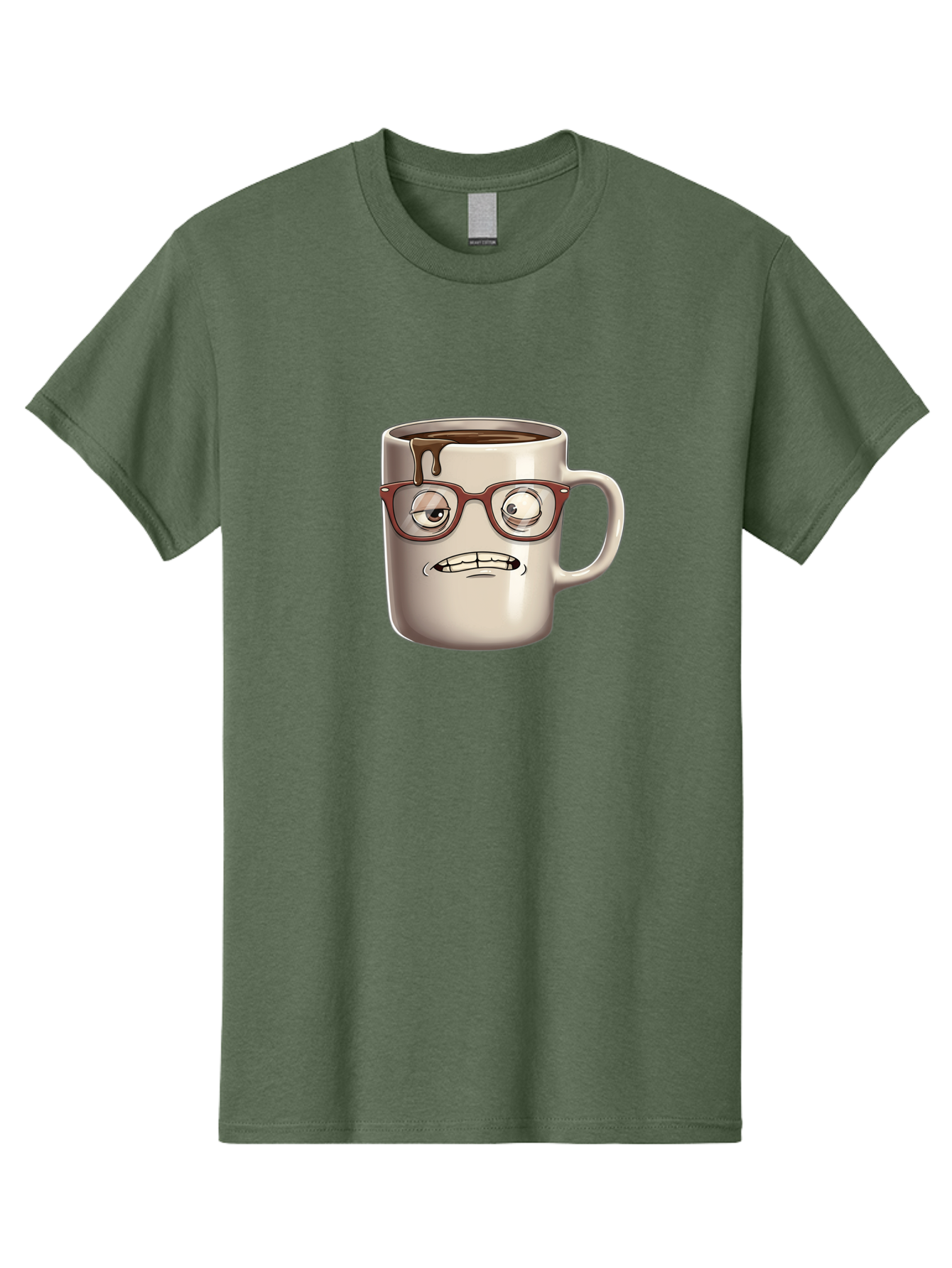 Sad-Coffee-Mug-1 Men'S Graphic Tee, 100% Cotton, Comfortable Casual Summer Wear, Machine Washable, Coffee Mug With Face, Cartoon Character, Anthropomorphic Design, Quirky Personality, Humorous Expression, Glasses, Coffee Stains, Bac382