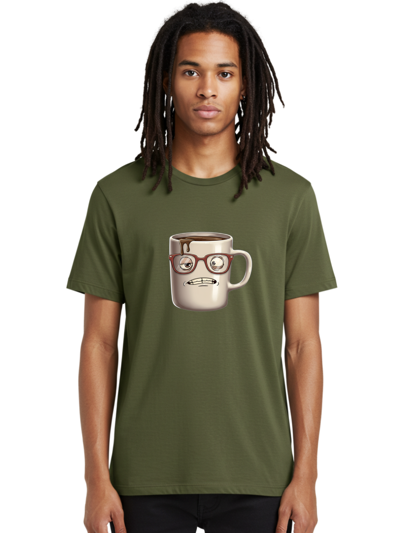 Sad-Coffee-Mug-1 Men'S Graphic Tee, 100% Cotton, Comfortable Casual Summer Wear, Machine Washable, Coffee Mug With Face, Cartoon Character, Anthropomorphic Design, Quirky Personality, Humorous Expression, Glasses, Coffee Stains, Bac382