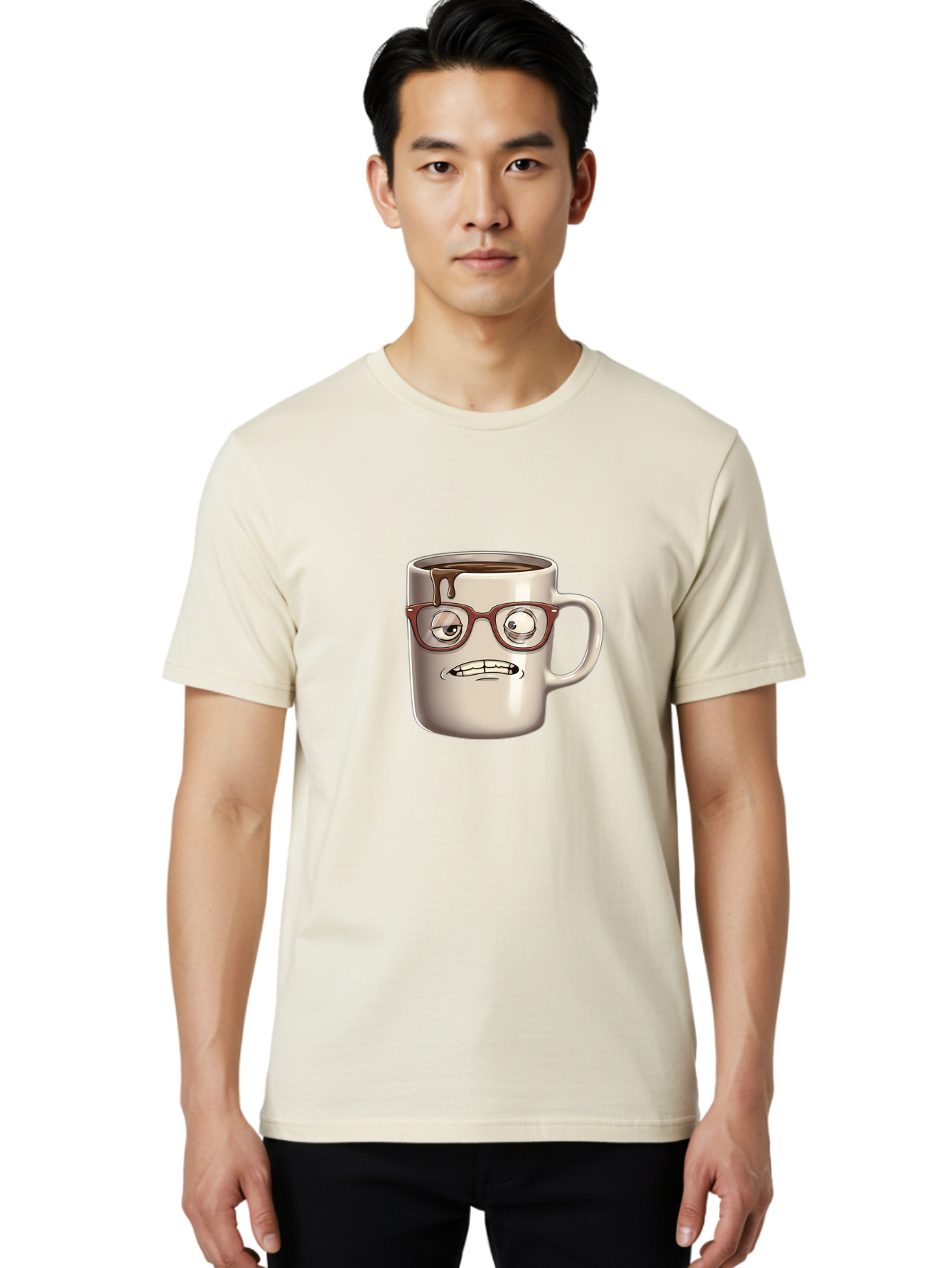 Sad-Coffee-Mug-1 Men'S Graphic Tee, 100% Cotton, Comfortable Casual Summer Wear, Machine Washable, Coffee Mug With Face, Cartoon Character, Anthropomorphic Design, Quirky Personality, Humorous Expression, Glasses, Coffee Stains, Bac382