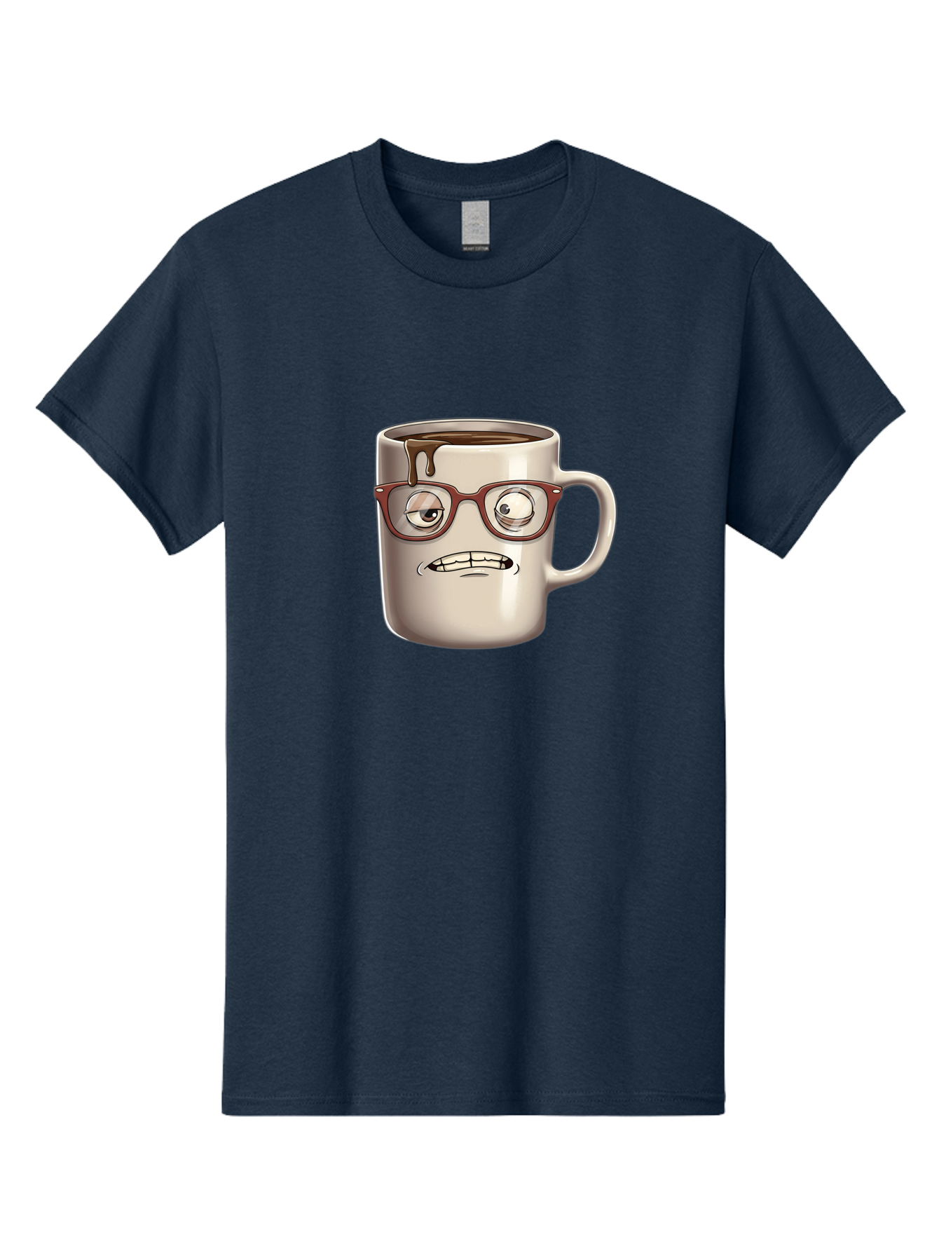 Sad-Coffee-Mug-1 Men'S Graphic Tee, 100% Cotton, Comfortable Casual Summer Wear, Machine Washable, Coffee Mug With Face, Cartoon Character, Anthropomorphic Design, Quirky Personality, Humorous Expression, Glasses, Coffee Stains, Bac382