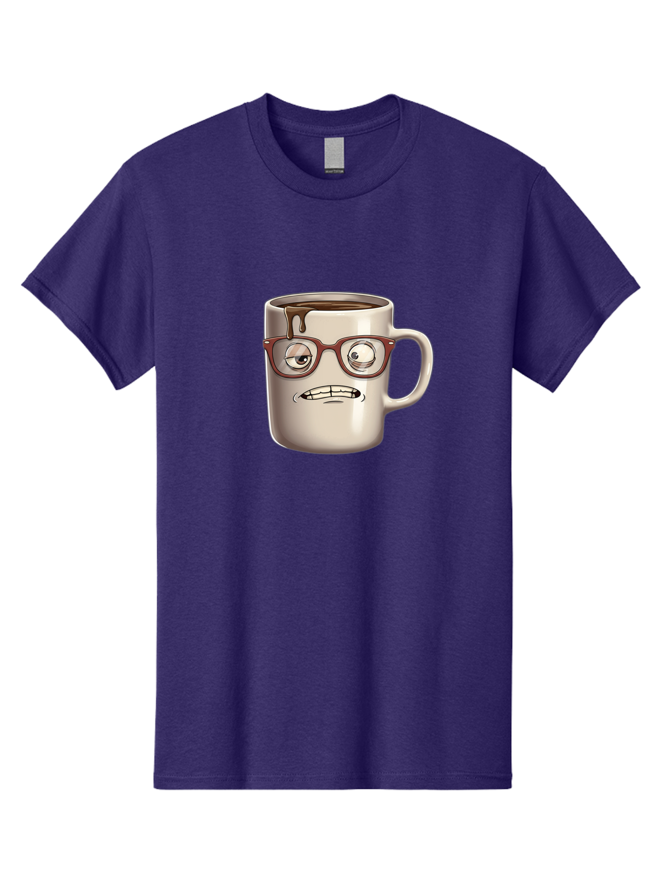 Sad-Coffee-Mug-1 Men'S Graphic Tee, 100% Cotton, Comfortable Casual Summer Wear, Machine Washable, Coffee Mug With Face, Cartoon Character, Anthropomorphic Design, Quirky Personality, Humorous Expression, Glasses, Coffee Stains, Bac382