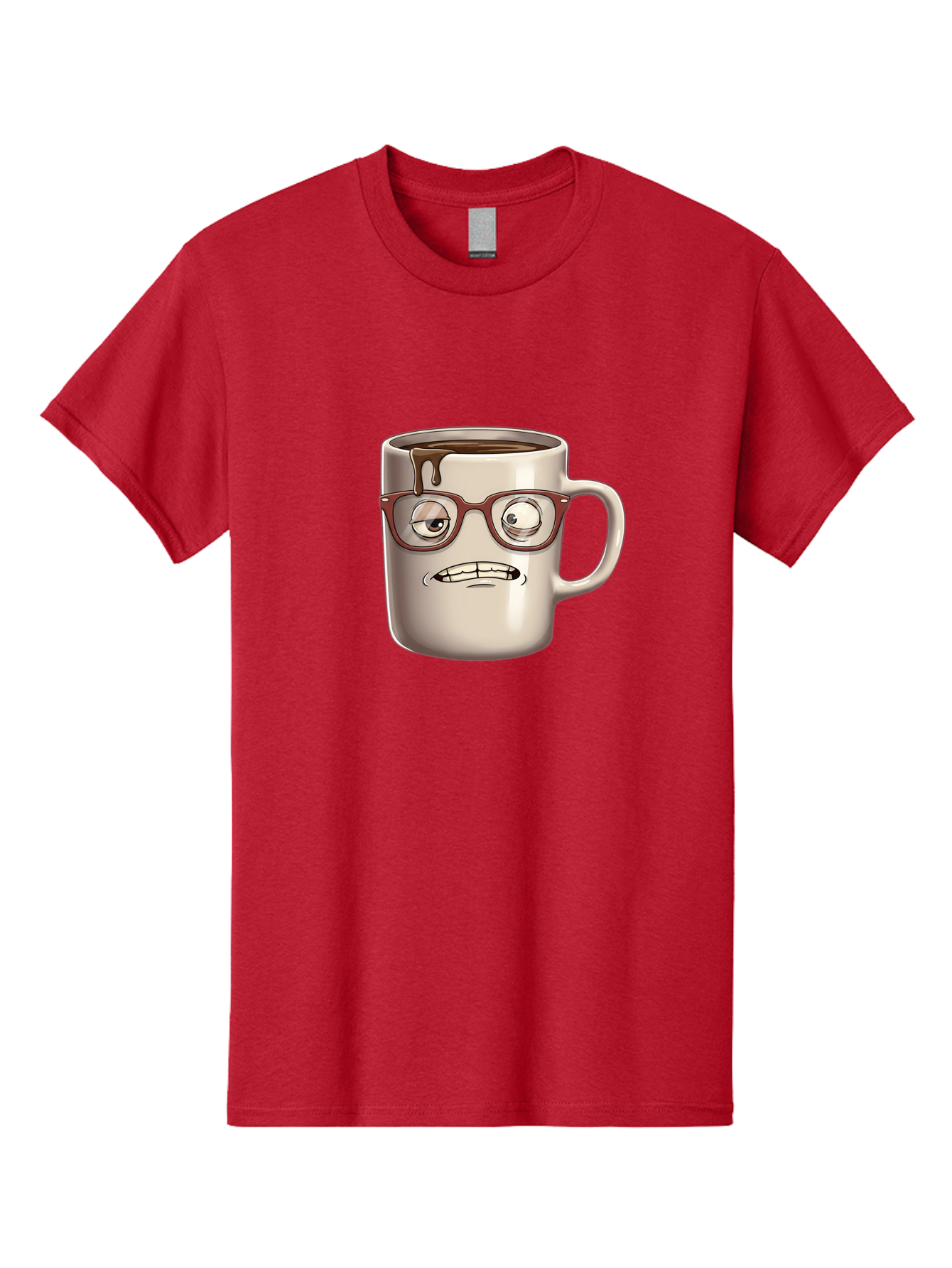 Sad-Coffee-Mug-1 Men'S Graphic Tee, 100% Cotton, Comfortable Casual Summer Wear, Machine Washable, Coffee Mug With Face, Cartoon Character, Anthropomorphic Design, Quirky Personality, Humorous Expression, Glasses, Coffee Stains, Bac382