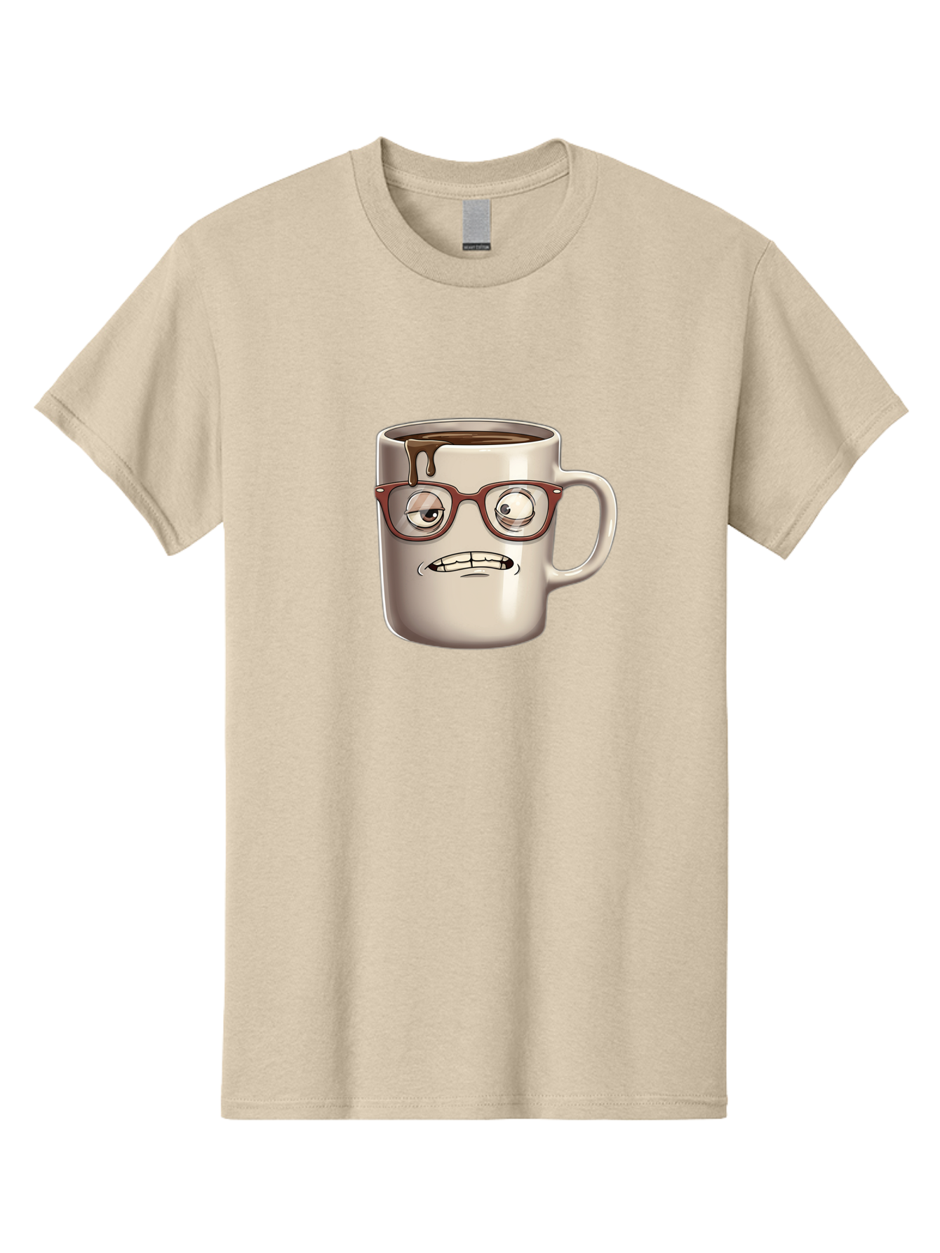 Sad-Coffee-Mug-1 Men'S Graphic Tee, 100% Cotton, Comfortable Casual Summer Wear, Machine Washable, Coffee Mug With Face, Cartoon Character, Anthropomorphic Design, Quirky Personality, Humorous Expression, Glasses, Coffee Stains, Bac382