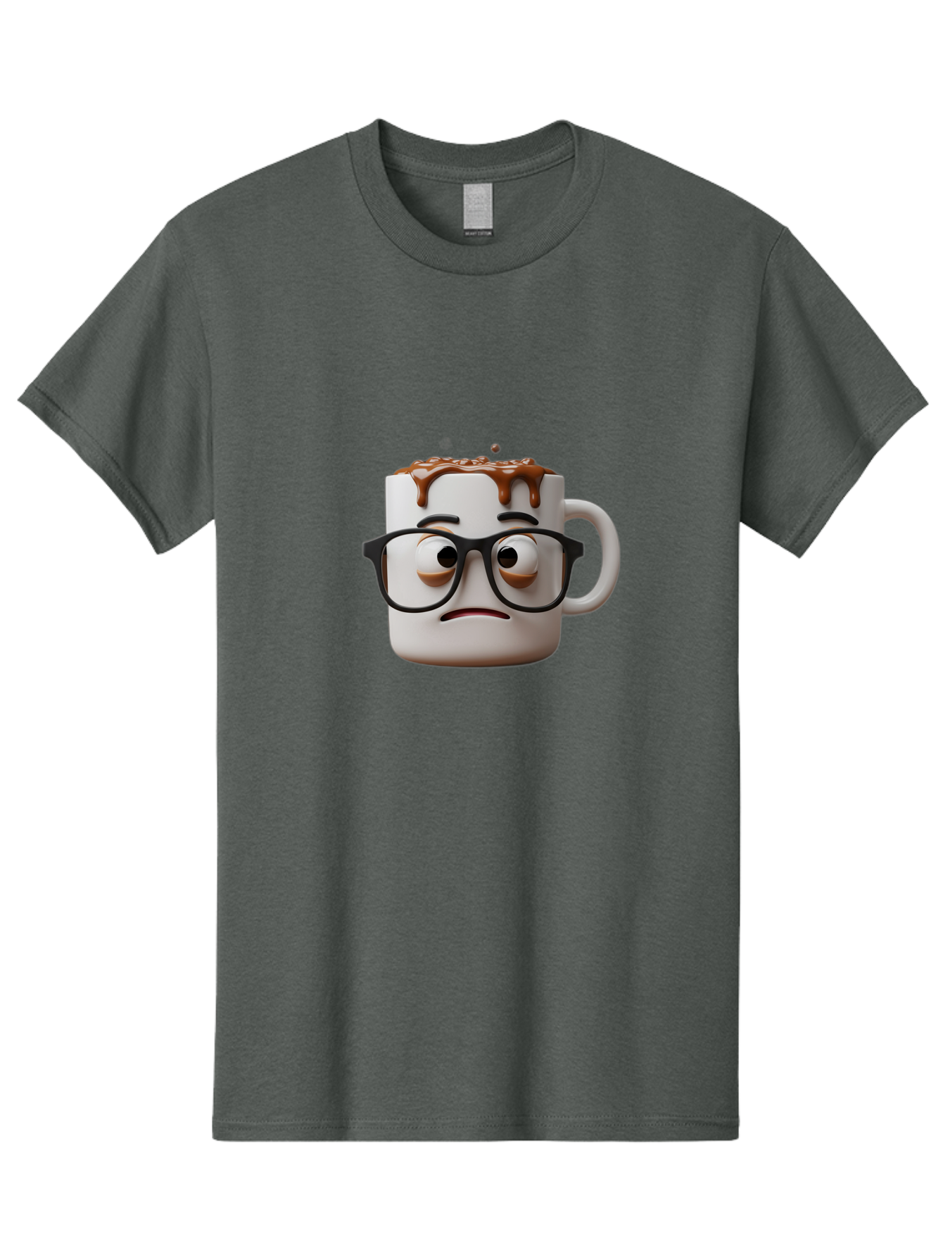 Sad-Coffee-Mug-2 Men'S Graphic Tee, 100% Cotton, Comfortable Casual Summer Wear, Machine Washable, Sad Coffee Mug, Coffee Drink, Chocolate Syrup, 3D Cartoon Character, Emotional Expression, Black Glasses, Unhappy Face, Steaming Hot Beverage, Bac383