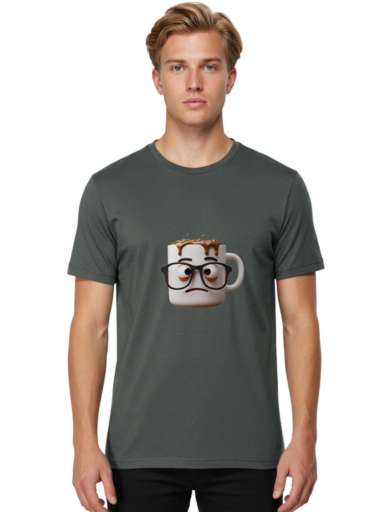 Sad-Coffee-Mug-2 Men'S Graphic Tee, 100% Cotton, Comfortable Casual Summer Wear, Machine Washable, Sad Coffee Mug, Coffee Drink, Chocolate Syrup, 3D Cartoon Character, Emotional Expression, Black Glasses, Unhappy Face, Steaming Hot Beverage, Bac383