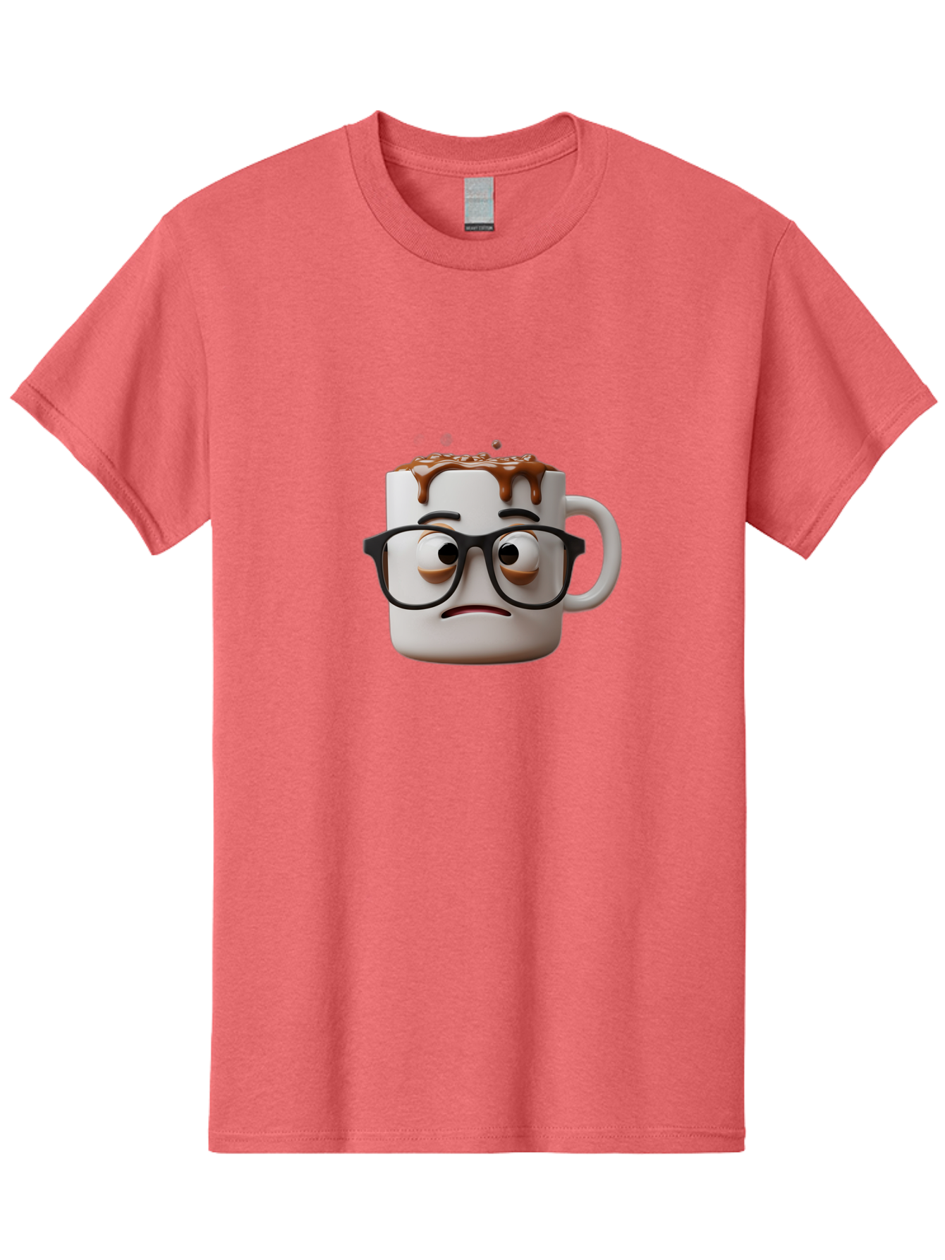 Sad-Coffee-Mug-2 Men'S Graphic Tee, 100% Cotton, Comfortable Casual Summer Wear, Machine Washable, Sad Coffee Mug, Coffee Drink, Chocolate Syrup, 3D Cartoon Character, Emotional Expression, Black Glasses, Unhappy Face, Steaming Hot Beverage, Bac383