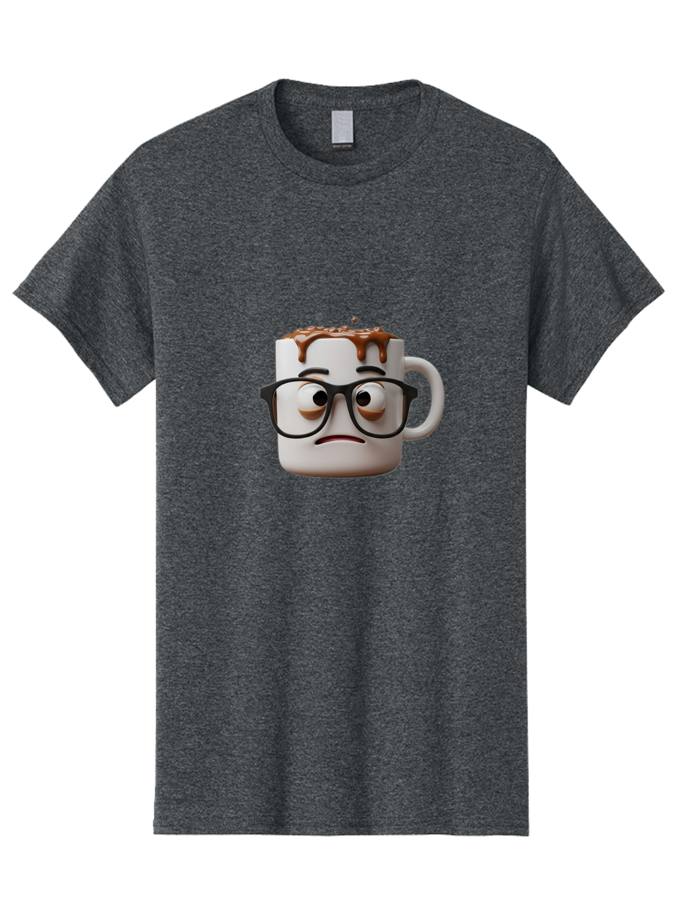 Sad-Coffee-Mug-2 Men'S Graphic Tee, 100% Cotton, Comfortable Casual Summer Wear, Machine Washable, Sad Coffee Mug, Coffee Drink, Chocolate Syrup, 3D Cartoon Character, Emotional Expression, Black Glasses, Unhappy Face, Steaming Hot Beverage, Bac383