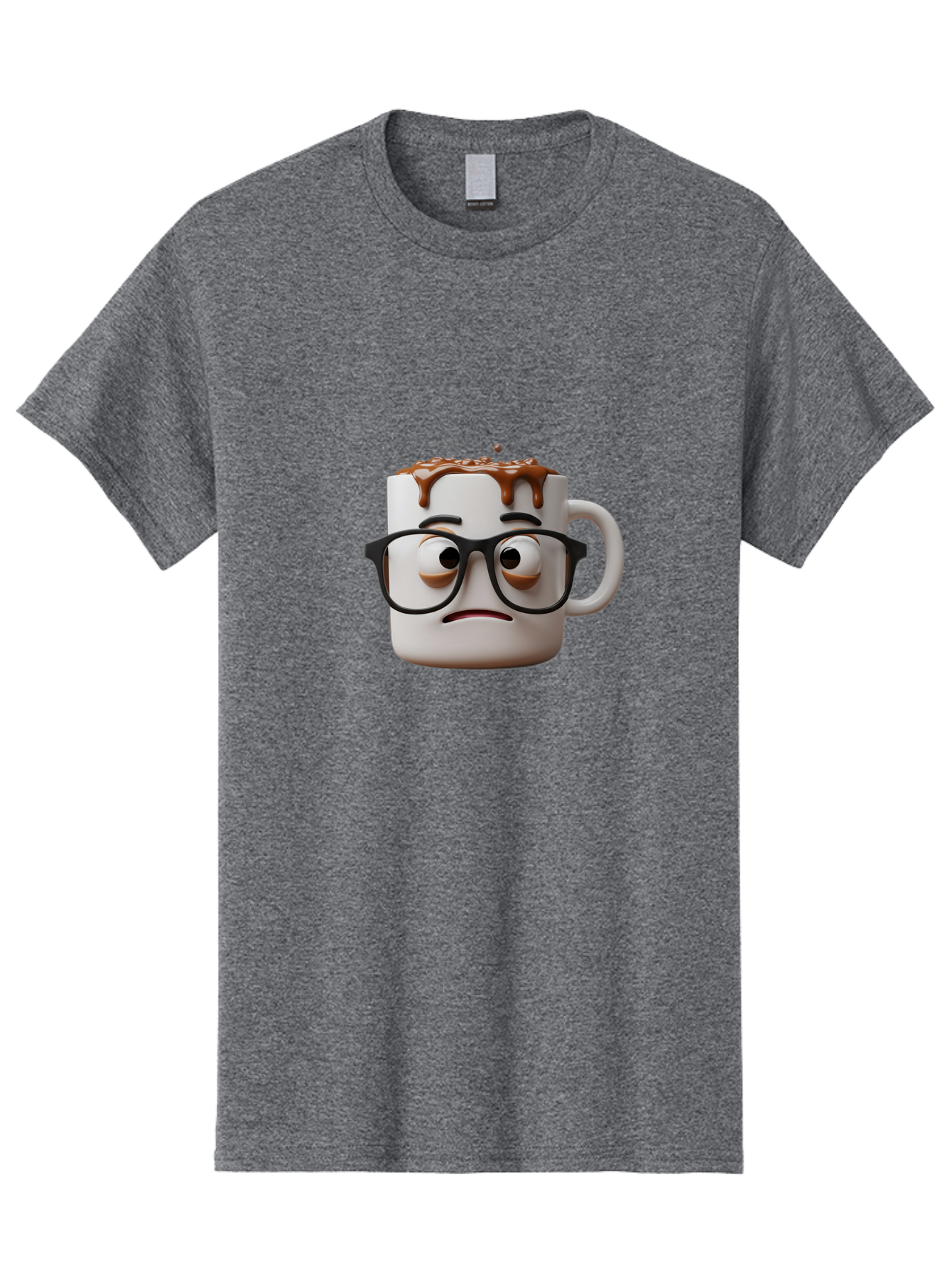 Sad-Coffee-Mug-2 Men'S Graphic Tee, 100% Cotton, Comfortable Casual Summer Wear, Machine Washable, Sad Coffee Mug, Coffee Drink, Chocolate Syrup, 3D Cartoon Character, Emotional Expression, Black Glasses, Unhappy Face, Steaming Hot Beverage, Bac383