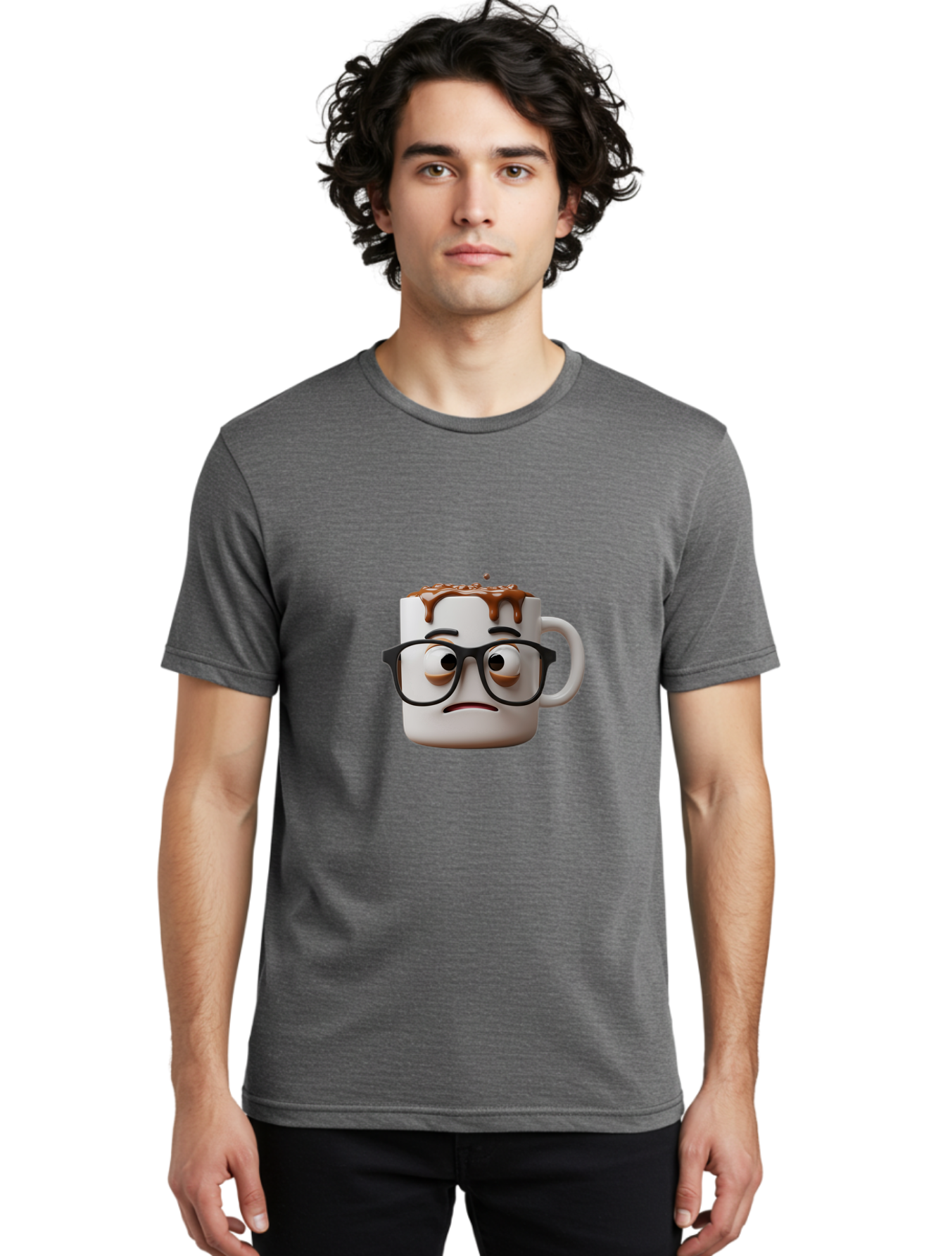 Sad-Coffee-Mug-2 Men'S Graphic Tee, 100% Cotton, Comfortable Casual Summer Wear, Machine Washable, Sad Coffee Mug, Coffee Drink, Chocolate Syrup, 3D Cartoon Character, Emotional Expression, Black Glasses, Unhappy Face, Steaming Hot Beverage, Bac383