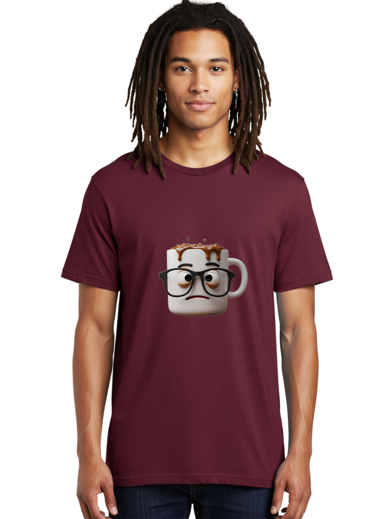 Sad-Coffee-Mug-2 Men'S Graphic Tee, 100% Cotton, Comfortable Casual Summer Wear, Machine Washable, Sad Coffee Mug, Coffee Drink, Chocolate Syrup, 3D Cartoon Character, Emotional Expression, Black Glasses, Unhappy Face, Steaming Hot Beverage, Bac383