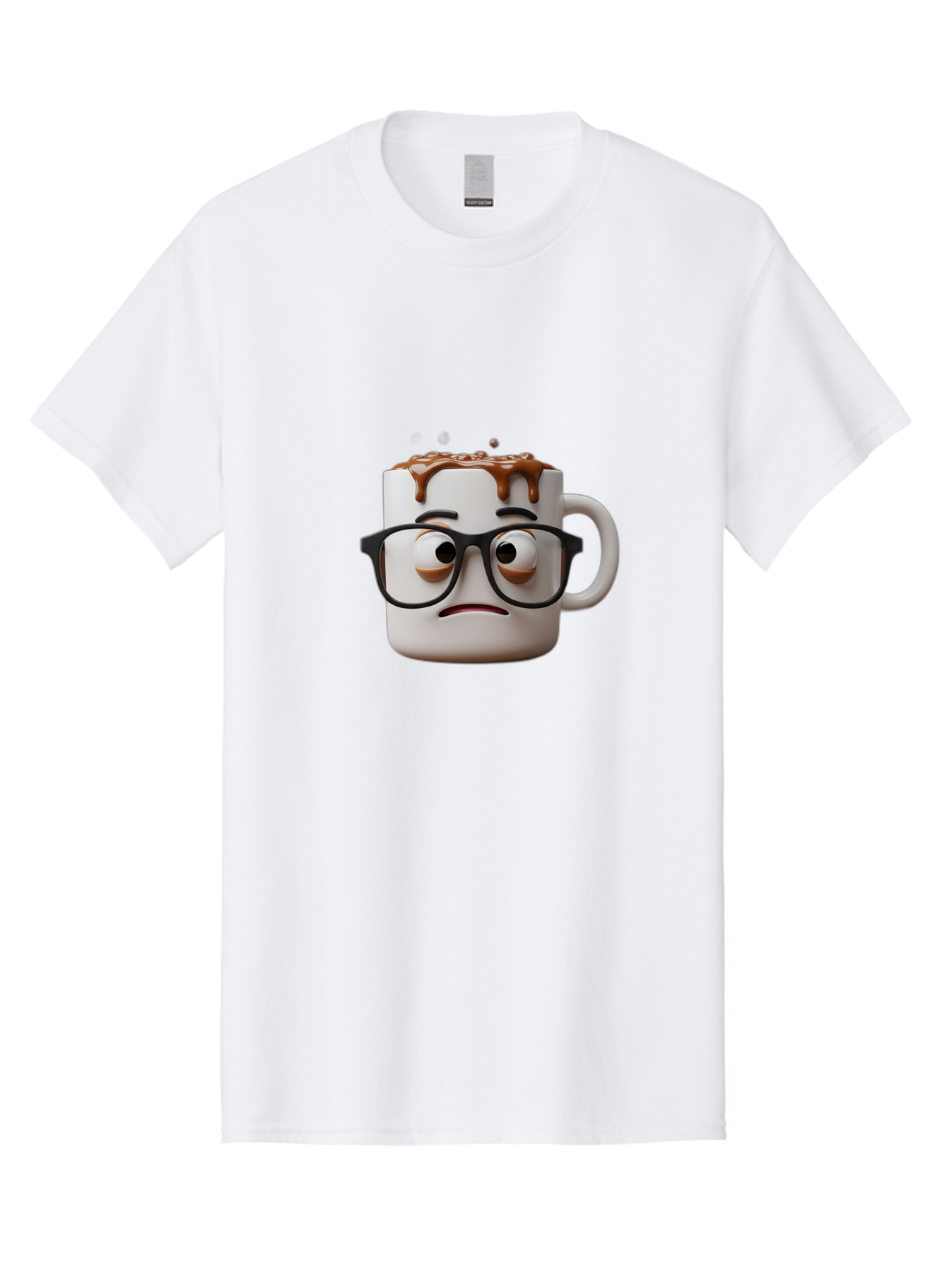 Sad-Coffee-Mug-2 Men'S Graphic Tee, 100% Cotton, Comfortable Casual Summer Wear, Machine Washable, Sad Coffee Mug, Coffee Drink, Chocolate Syrup, 3D Cartoon Character, Emotional Expression, Black Glasses, Unhappy Face, Steaming Hot Beverage, Bac383