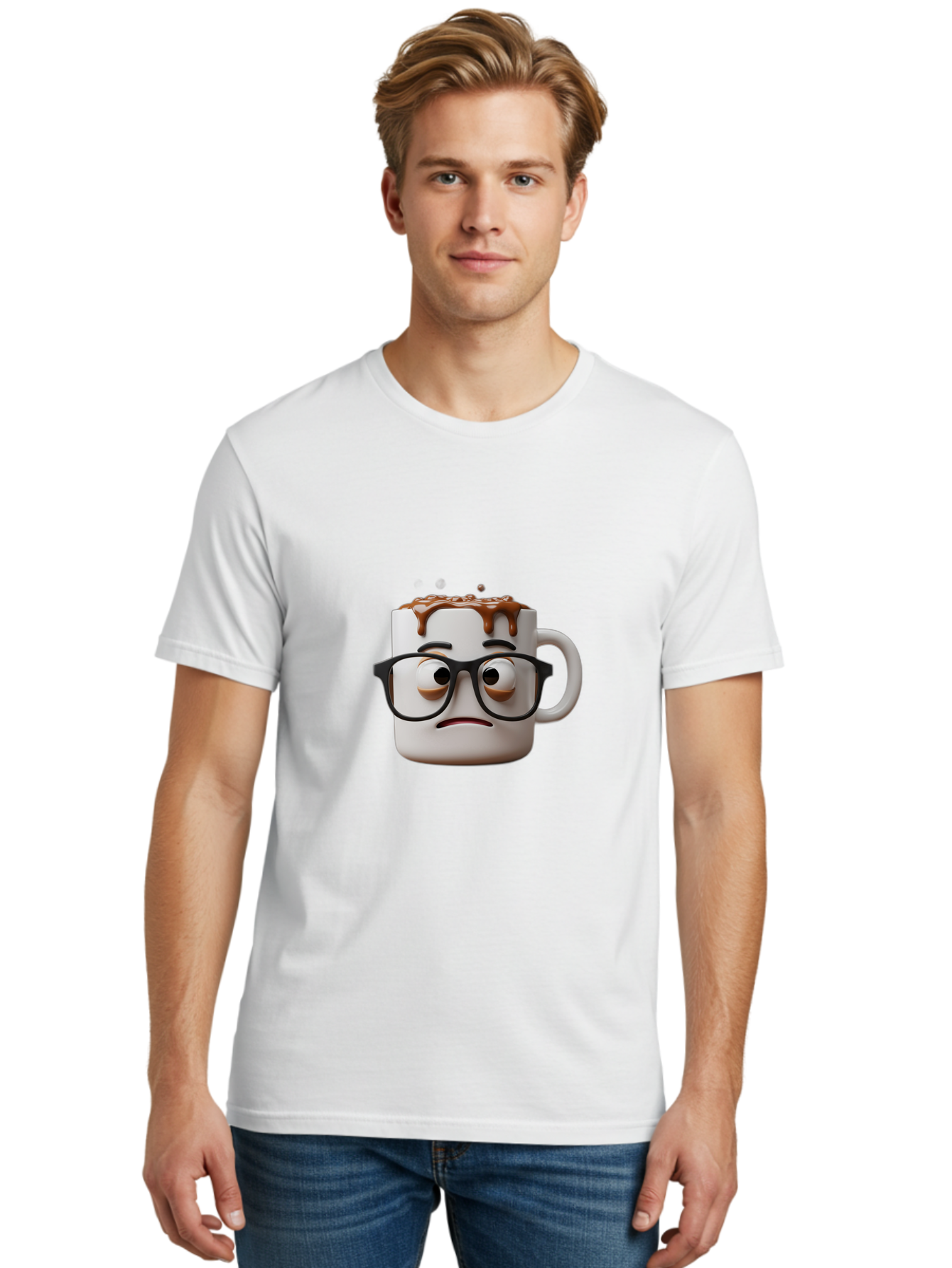Sad-Coffee-Mug-2 Men'S Graphic Tee, 100% Cotton, Comfortable Casual Summer Wear, Machine Washable, Sad Coffee Mug, Coffee Drink, Chocolate Syrup, 3D Cartoon Character, Emotional Expression, Black Glasses, Unhappy Face, Steaming Hot Beverage, Bac383