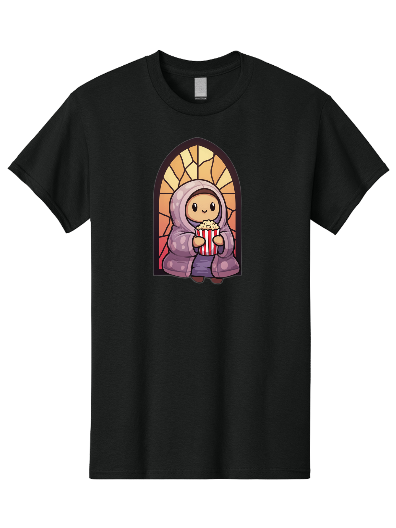 Saint-Popcorn Men'S Graphic Tee, 100% Cotton, Comfortable Casual Summer Wear, Machine Washable, Cartoon Character, Stained Glass Window, Kid Eating Popcorn, Cute Illustration, Cozy Atmosphere, Warm Colors, Hoodie, Snack Time, Playful Design, Bac385