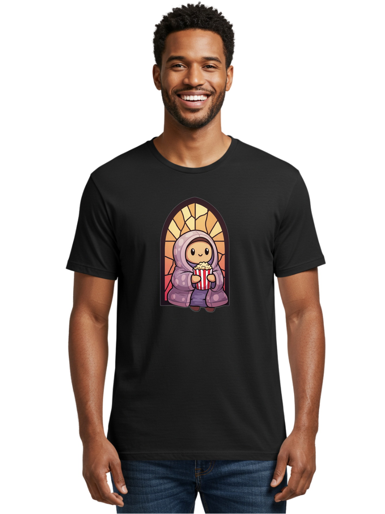 Saint-Popcorn Men'S Graphic Tee, 100% Cotton, Comfortable Casual Summer Wear, Machine Washable, Cartoon Character, Stained Glass Window, Kid Eating Popcorn, Cute Illustration, Cozy Atmosphere, Warm Colors, Hoodie, Snack Time, Playful Design, Bac385