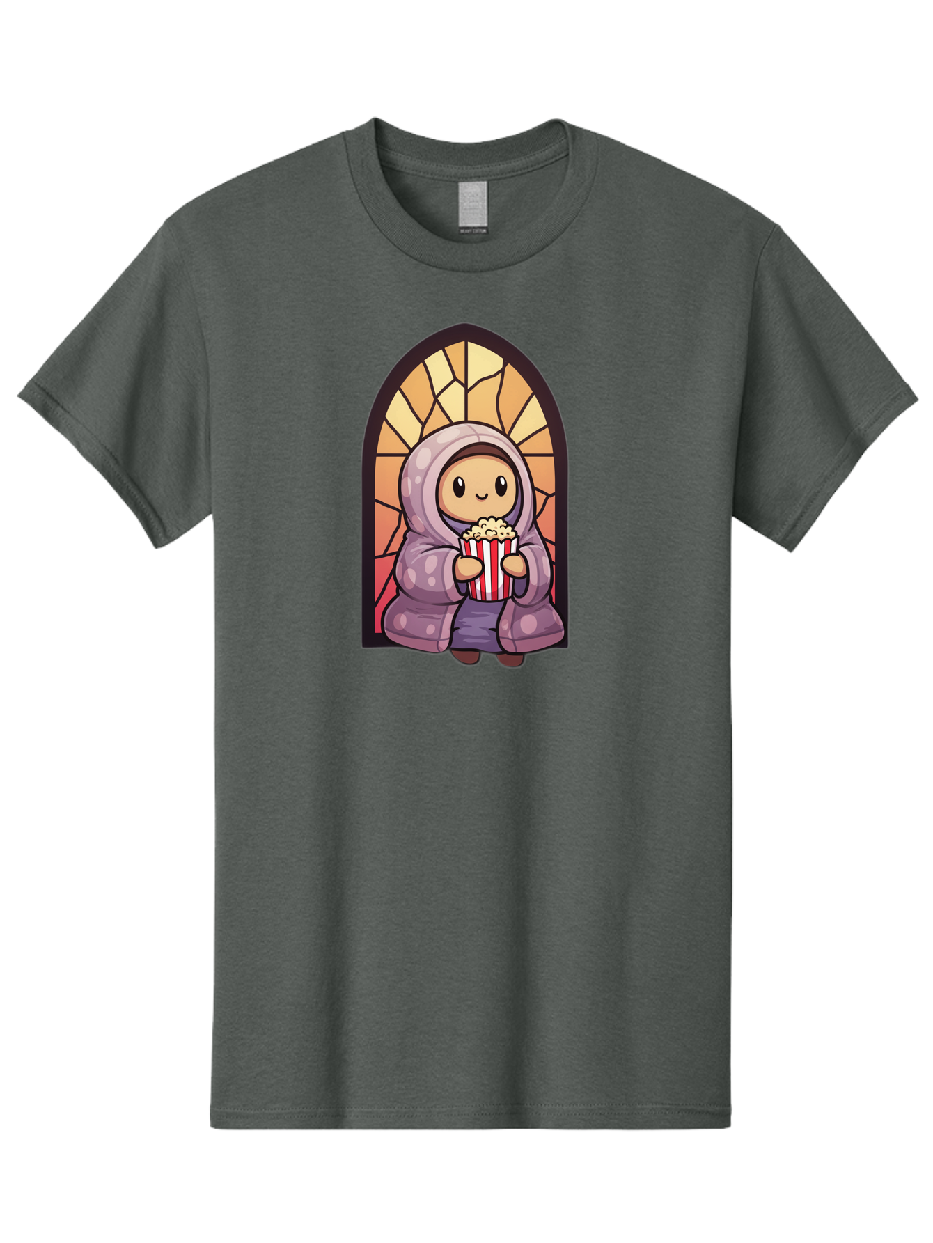 Saint-Popcorn Men'S Graphic Tee, 100% Cotton, Comfortable Casual Summer Wear, Machine Washable, Cartoon Character, Stained Glass Window, Kid Eating Popcorn, Cute Illustration, Cozy Atmosphere, Warm Colors, Hoodie, Snack Time, Playful Design, Bac385