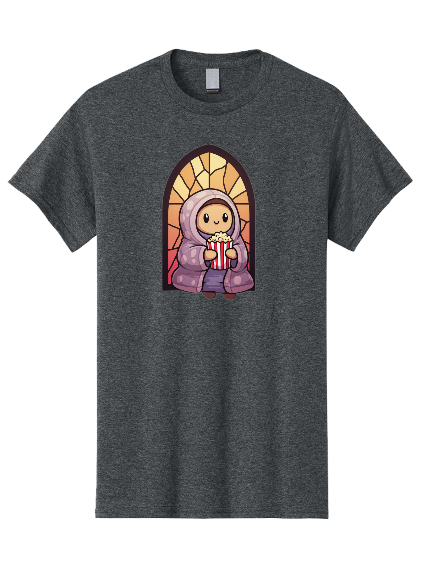 Saint-Popcorn Men'S Graphic Tee, 100% Cotton, Comfortable Casual Summer Wear, Machine Washable, Cartoon Character, Stained Glass Window, Kid Eating Popcorn, Cute Illustration, Cozy Atmosphere, Warm Colors, Hoodie, Snack Time, Playful Design, Bac385