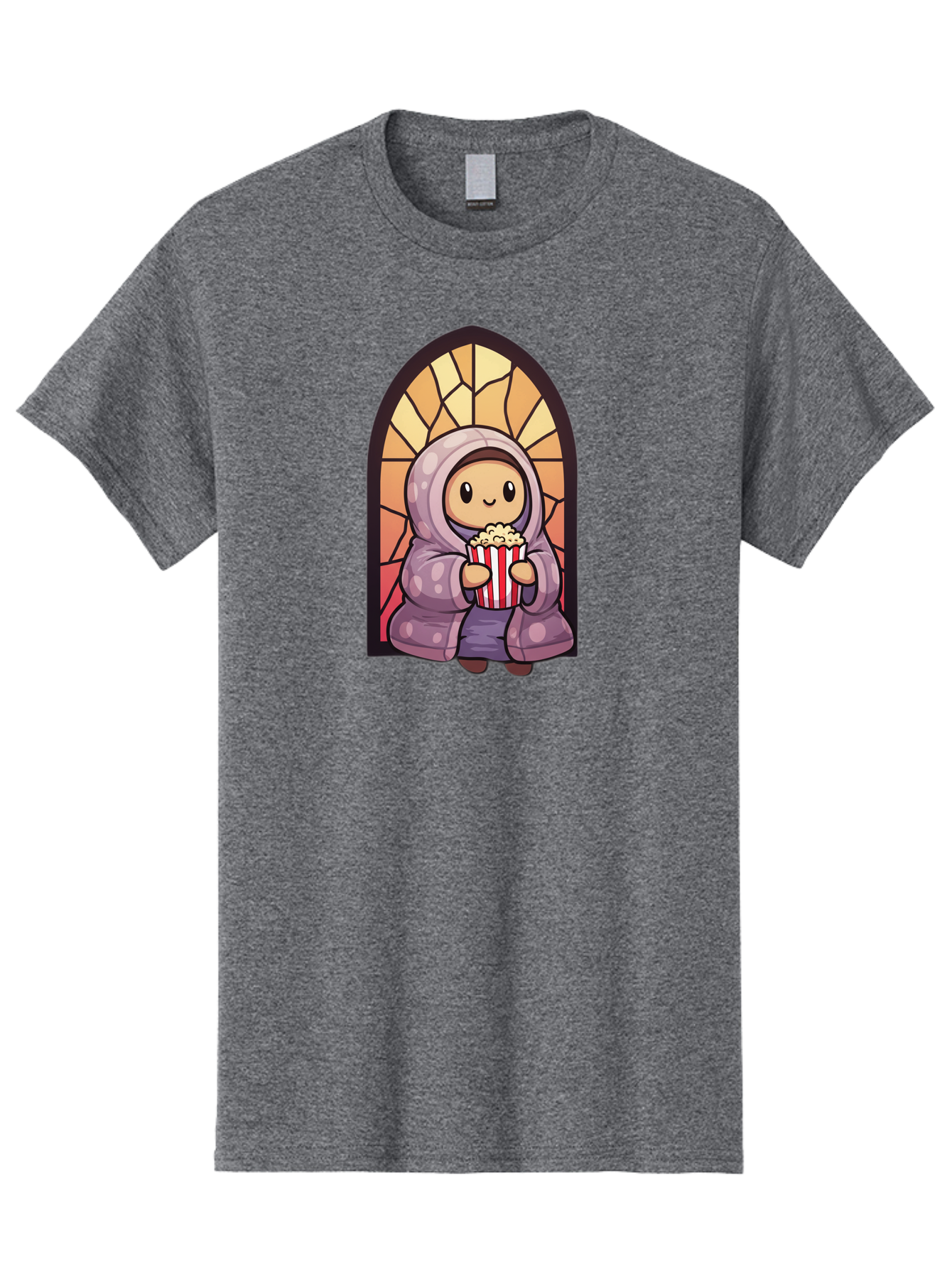 Saint-Popcorn Men'S Graphic Tee, 100% Cotton, Comfortable Casual Summer Wear, Machine Washable, Cartoon Character, Stained Glass Window, Kid Eating Popcorn, Cute Illustration, Cozy Atmosphere, Warm Colors, Hoodie, Snack Time, Playful Design, Bac385