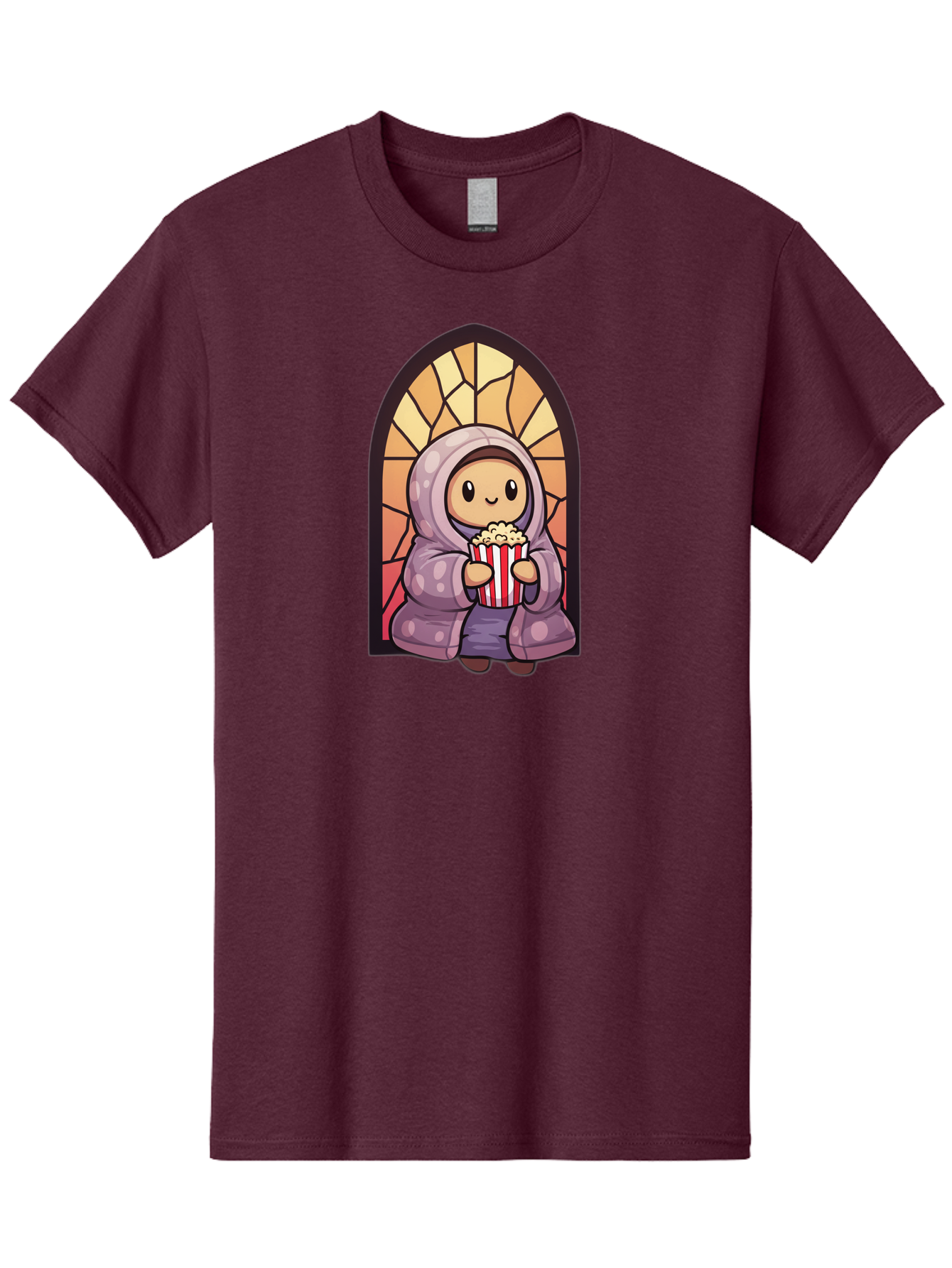 Saint-Popcorn Men'S Graphic Tee, 100% Cotton, Comfortable Casual Summer Wear, Machine Washable, Cartoon Character, Stained Glass Window, Kid Eating Popcorn, Cute Illustration, Cozy Atmosphere, Warm Colors, Hoodie, Snack Time, Playful Design, Bac385