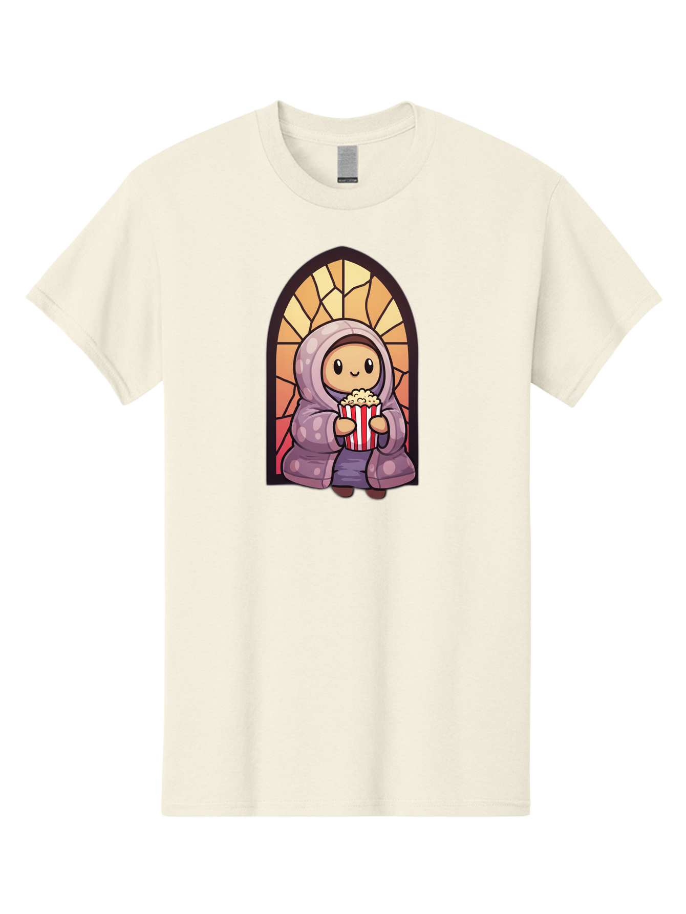 Saint-Popcorn Men'S Graphic Tee, 100% Cotton, Comfortable Casual Summer Wear, Machine Washable, Cartoon Character, Stained Glass Window, Kid Eating Popcorn, Cute Illustration, Cozy Atmosphere, Warm Colors, Hoodie, Snack Time, Playful Design, Bac385