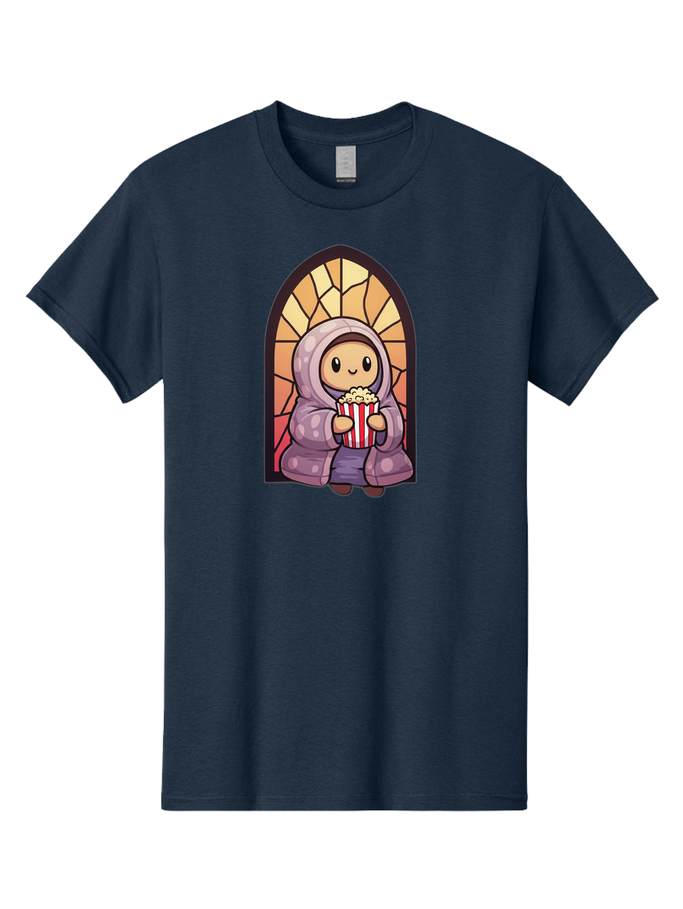 Saint-Popcorn Men'S Graphic Tee, 100% Cotton, Comfortable Casual Summer Wear, Machine Washable, Cartoon Character, Stained Glass Window, Kid Eating Popcorn, Cute Illustration, Cozy Atmosphere, Warm Colors, Hoodie, Snack Time, Playful Design, Bac385