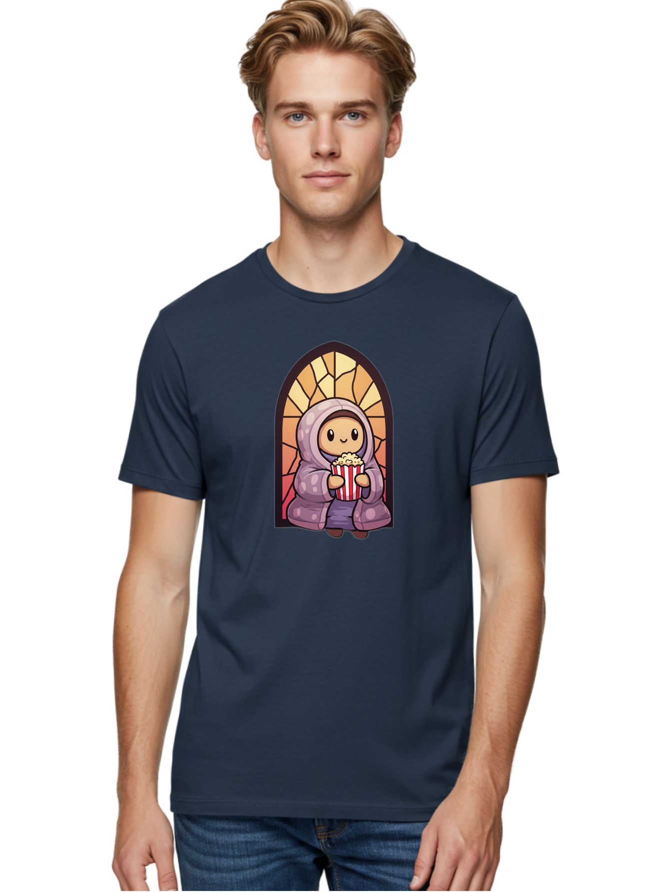 Saint-Popcorn Men'S Graphic Tee, 100% Cotton, Comfortable Casual Summer Wear, Machine Washable, Cartoon Character, Stained Glass Window, Kid Eating Popcorn, Cute Illustration, Cozy Atmosphere, Warm Colors, Hoodie, Snack Time, Playful Design, Bac385