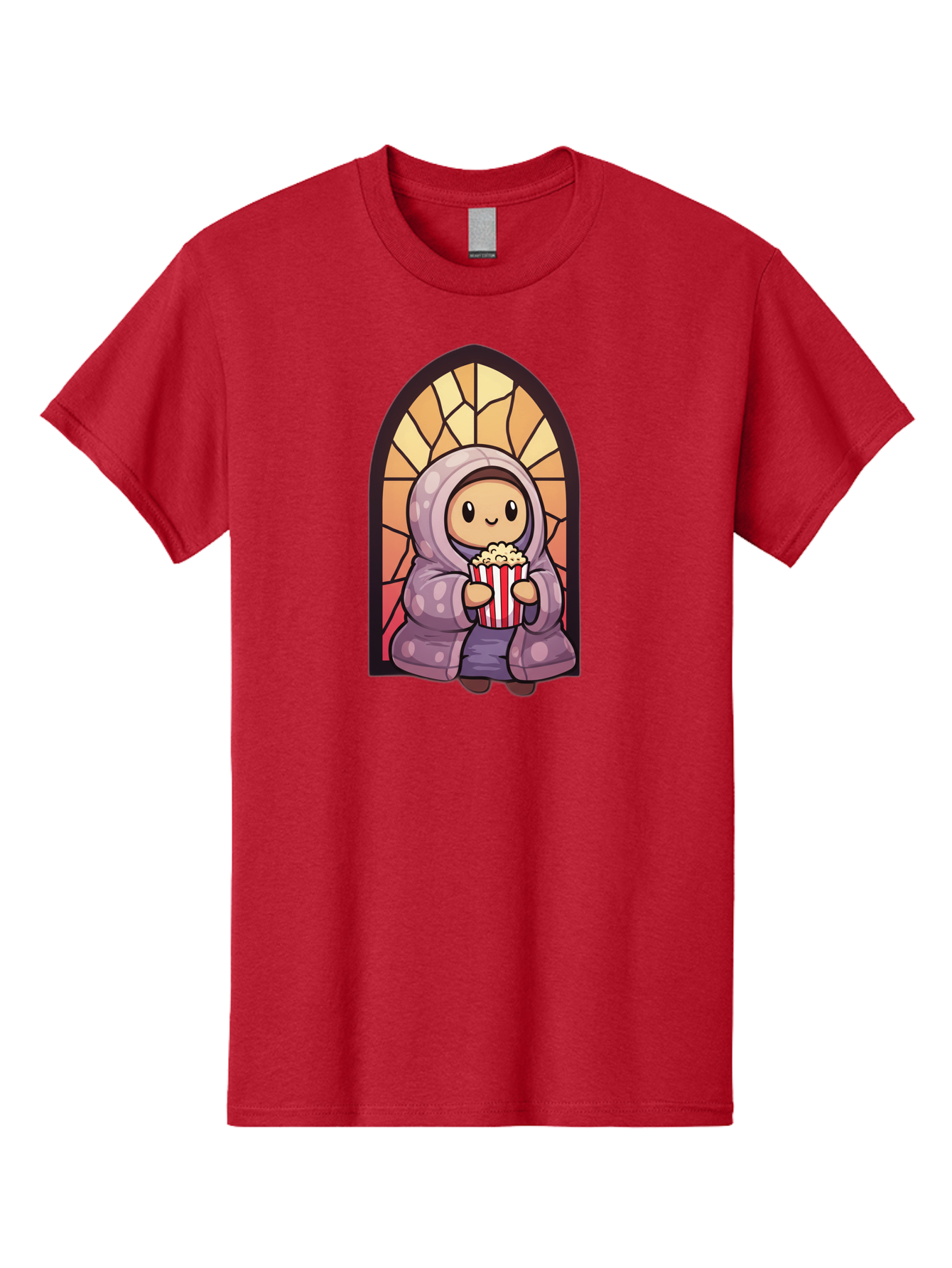 Saint-Popcorn Men'S Graphic Tee, 100% Cotton, Comfortable Casual Summer Wear, Machine Washable, Cartoon Character, Stained Glass Window, Kid Eating Popcorn, Cute Illustration, Cozy Atmosphere, Warm Colors, Hoodie, Snack Time, Playful Design, Bac385
