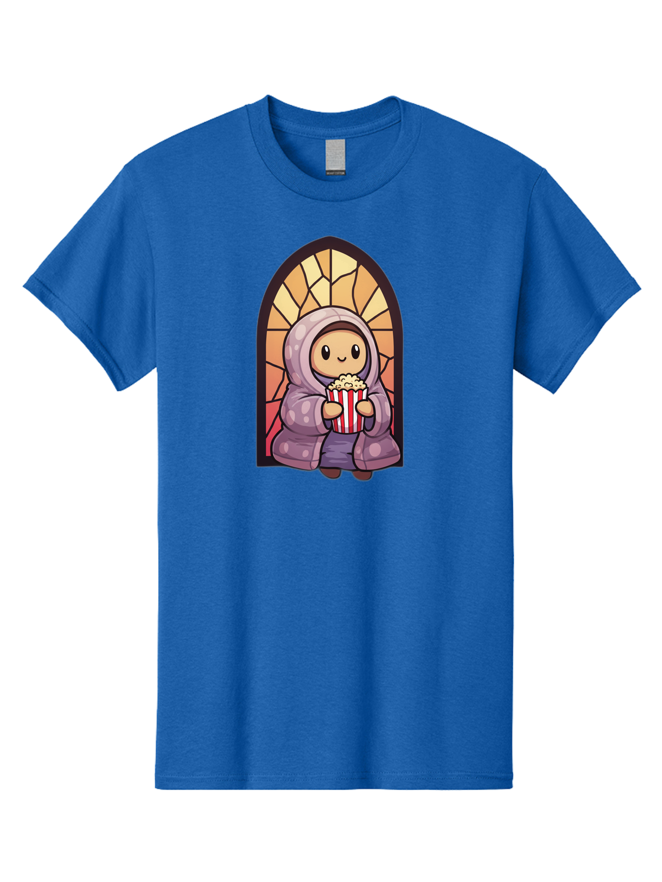 Saint-Popcorn Men'S Graphic Tee, 100% Cotton, Comfortable Casual Summer Wear, Machine Washable, Cartoon Character, Stained Glass Window, Kid Eating Popcorn, Cute Illustration, Cozy Atmosphere, Warm Colors, Hoodie, Snack Time, Playful Design, Bac385