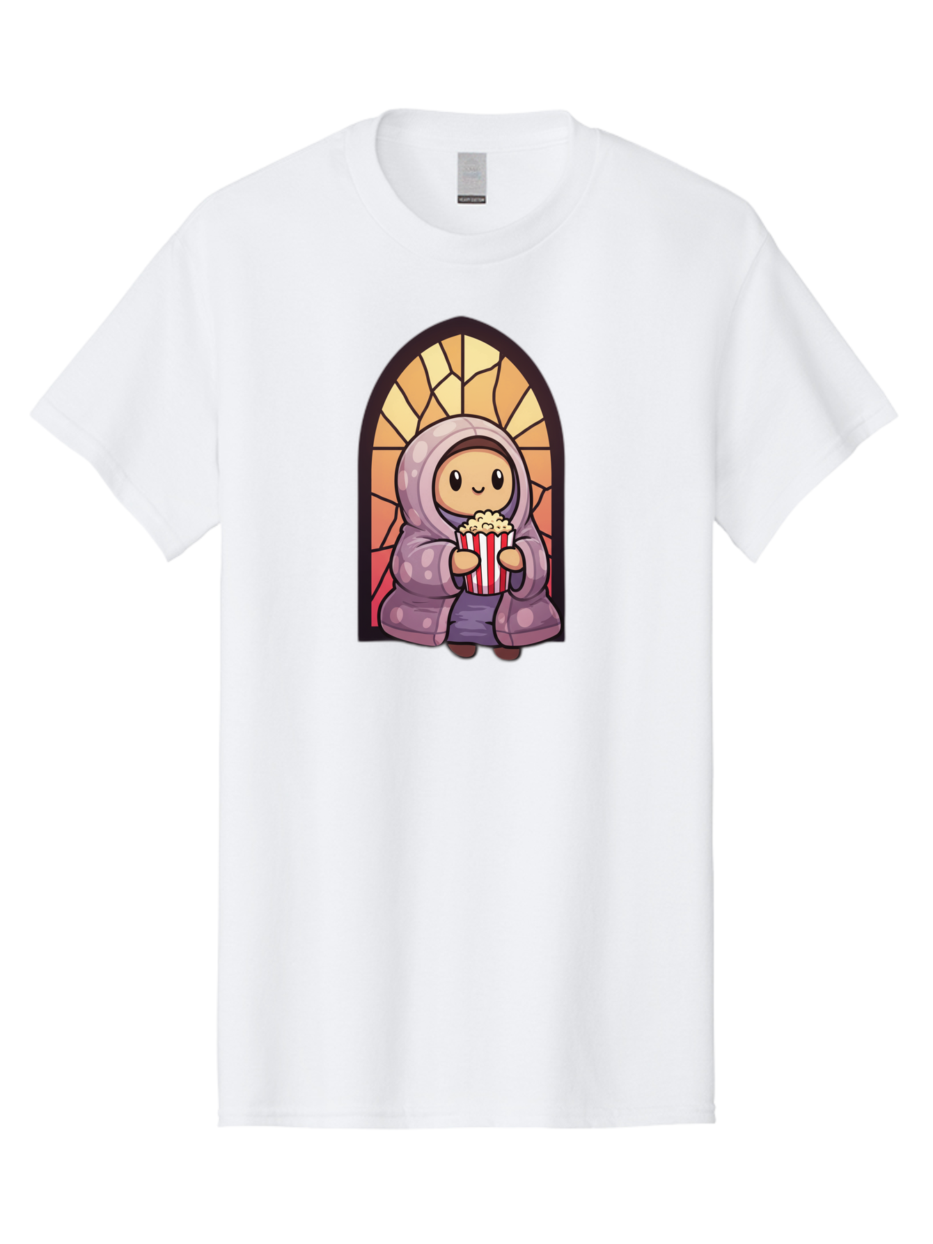 Saint-Popcorn Men'S Graphic Tee, 100% Cotton, Comfortable Casual Summer Wear, Machine Washable, Cartoon Character, Stained Glass Window, Kid Eating Popcorn, Cute Illustration, Cozy Atmosphere, Warm Colors, Hoodie, Snack Time, Playful Design, Bac385