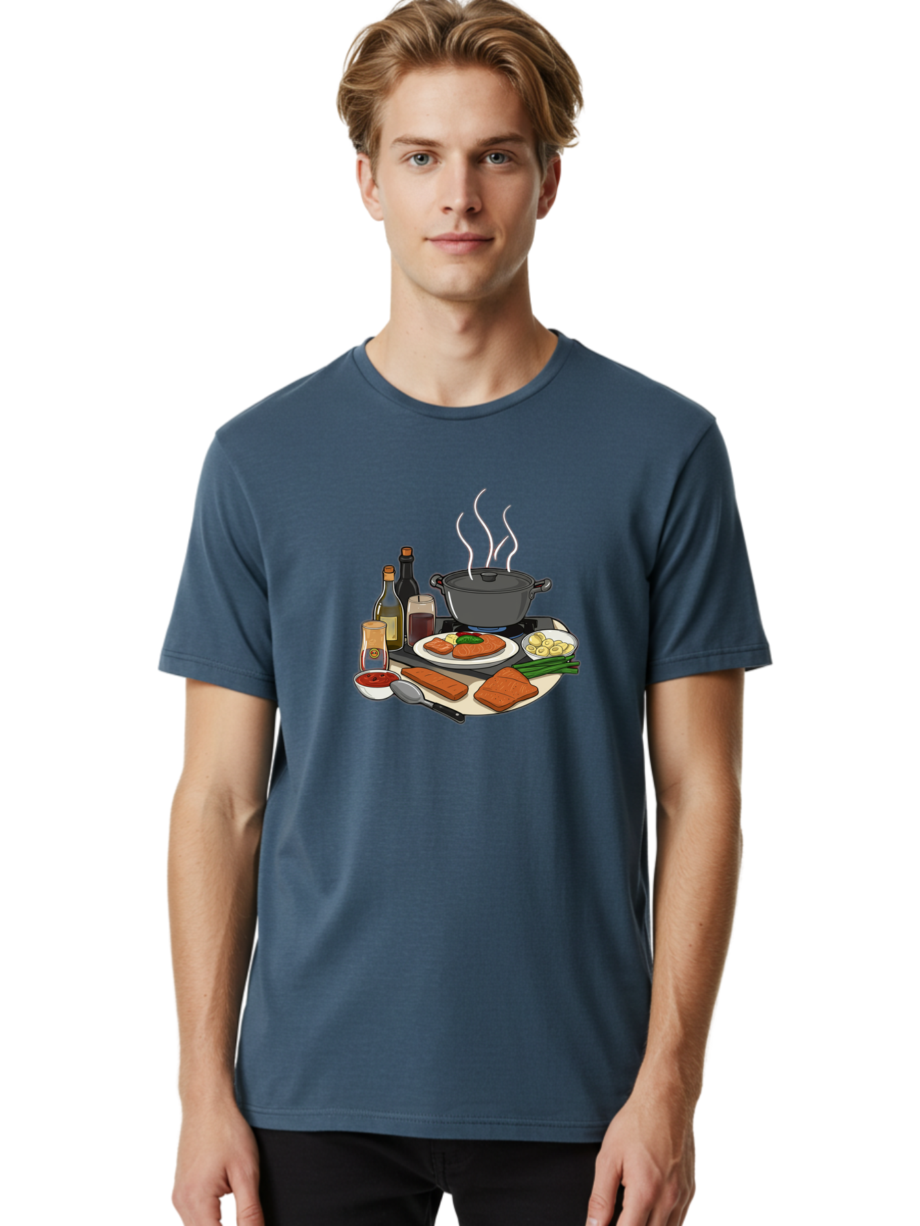 Salmon-Dish Men'S Graphic Tee, 100% Cotton, Comfortable Casual Summer Wear, Machine Washable, Salmon Fillet, Cooking Salmon, Gourmet Cooking, Kitchen Utensils, Salmon Recipe, Delicious Salmon, Gourmet Ingredients, Cooking Essentials, Bac386