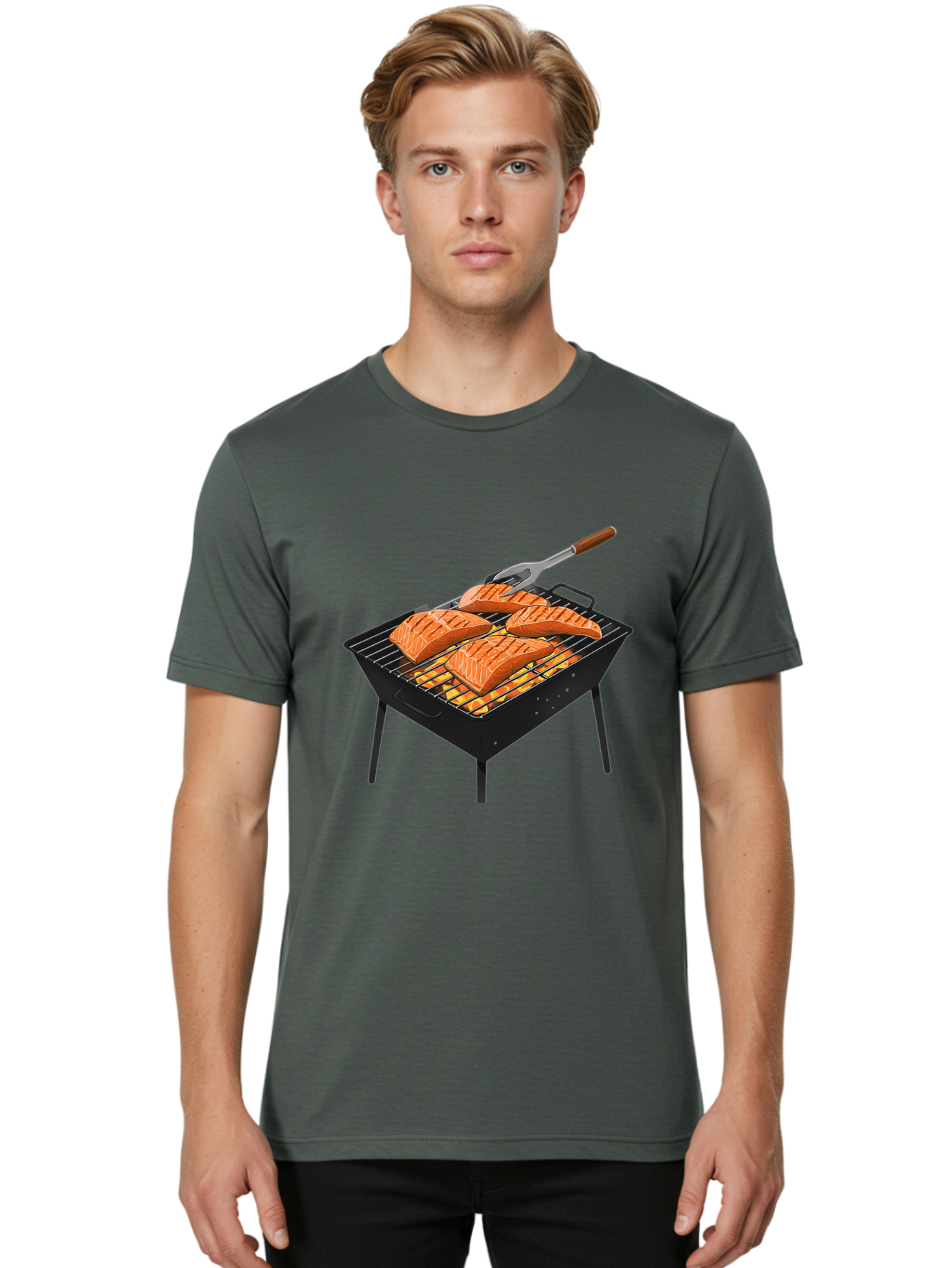Salmon-On-Grill Men'S Graphic Tee, 100% Cotton, Comfortable Casual Summer Wear, Machine Washable, Grilled Salmon, Salmon Fillets, Barbecue Grill, Grilled Fish, Seafood, Food, Healthy Eating, Grilling Bac387