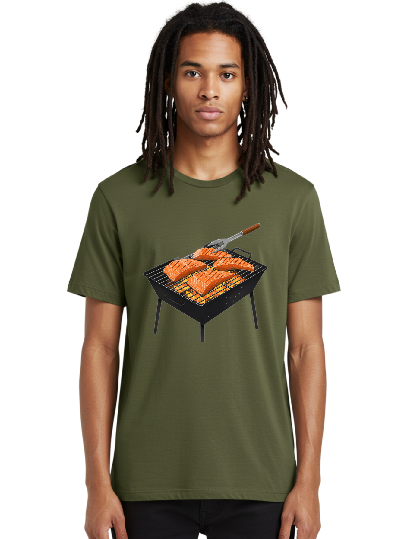 Salmon-On-Grill Men'S Graphic Tee, 100% Cotton, Comfortable Casual Summer Wear, Machine Washable, Grilled Salmon, Salmon Fillets, Barbecue Grill, Grilled Fish, Seafood, Food, Healthy Eating, Grilling Bac387
