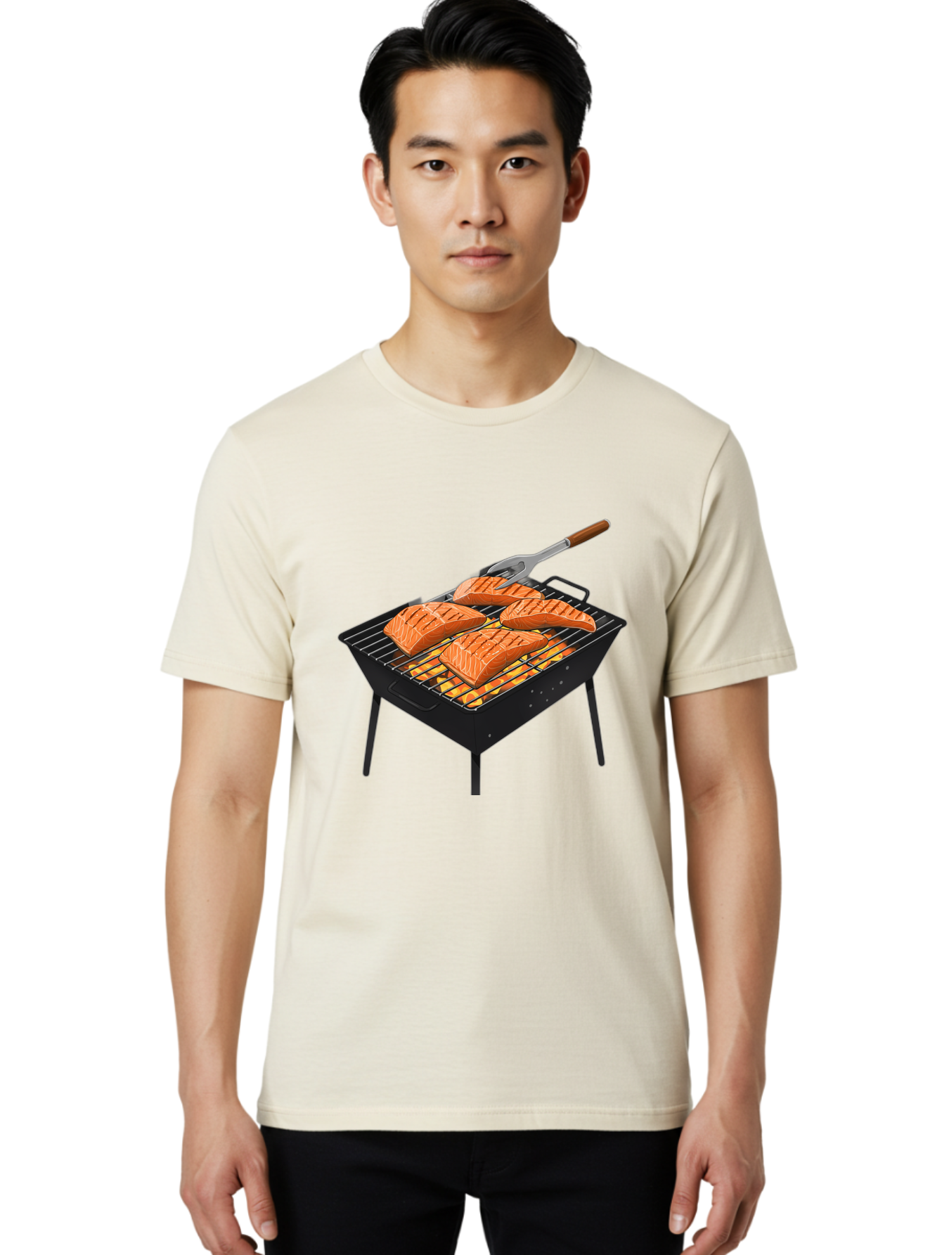 Salmon-On-Grill Men'S Graphic Tee, 100% Cotton, Comfortable Casual Summer Wear, Machine Washable, Grilled Salmon, Salmon Fillets, Barbecue Grill, Grilled Fish, Seafood, Food, Healthy Eating, Grilling Bac387