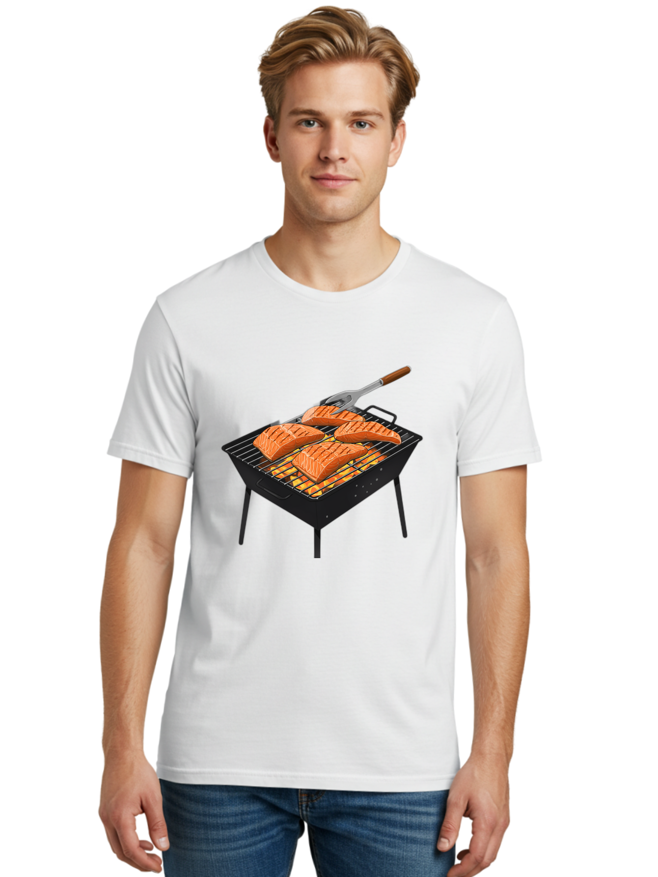Salmon-On-Grill Men'S Graphic Tee, 100% Cotton, Comfortable Casual Summer Wear, Machine Washable, Grilled Salmon, Salmon Fillets, Barbecue Grill, Grilled Fish, Seafood, Food, Healthy Eating, Grilling Bac387