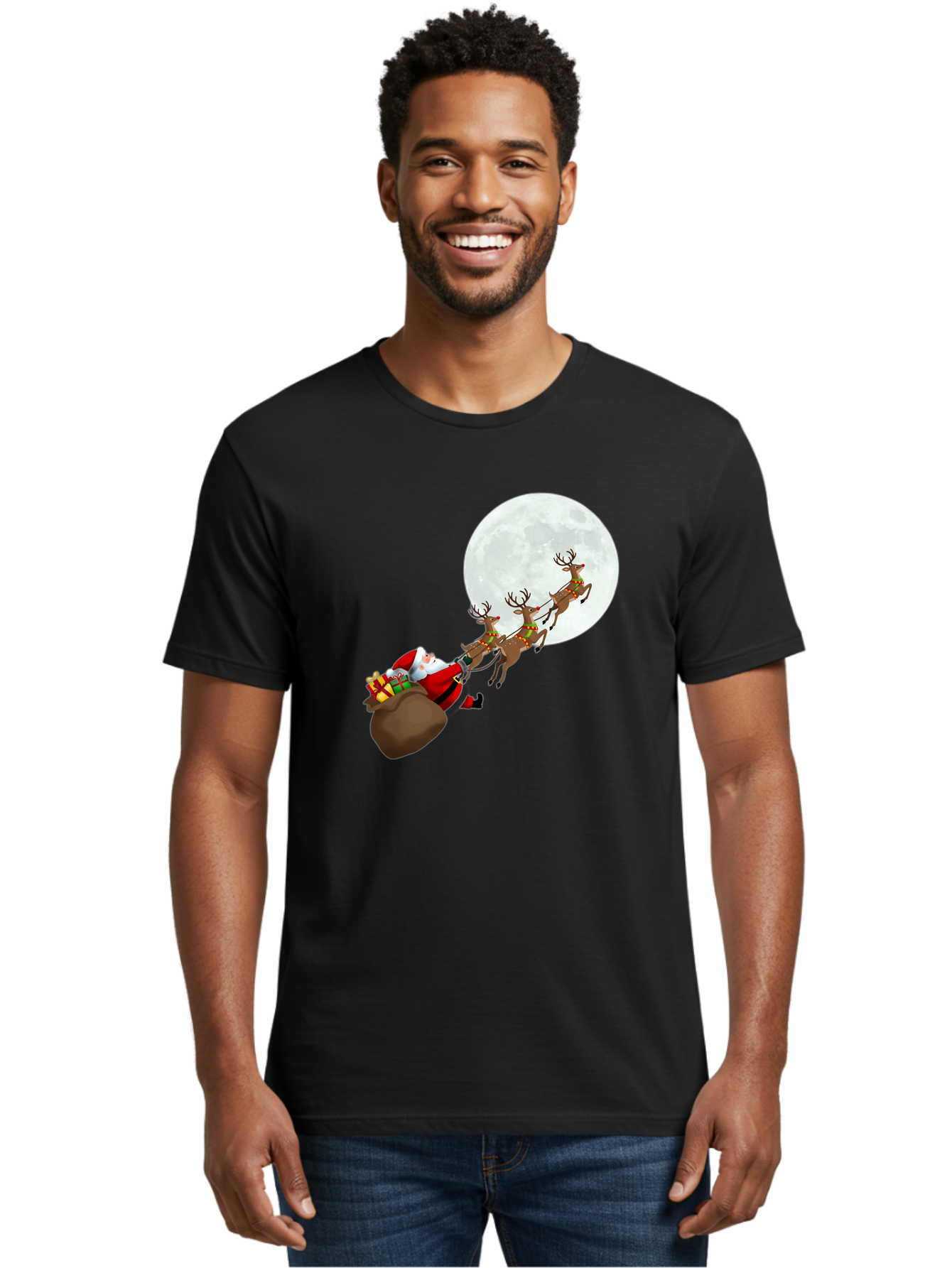 Santa-And-Reindeer Men'S Graphic Tee, 100% Cotton, Comfortable Casual Summer Wear, Machine Washable, Santa Claus, Reindeer, Sack Of Gifts, Christmas Magic, Holiday Cheer, Festive Season, Joyful Atmosphere, Christmas Presents, Sleigh Ride, Bac390