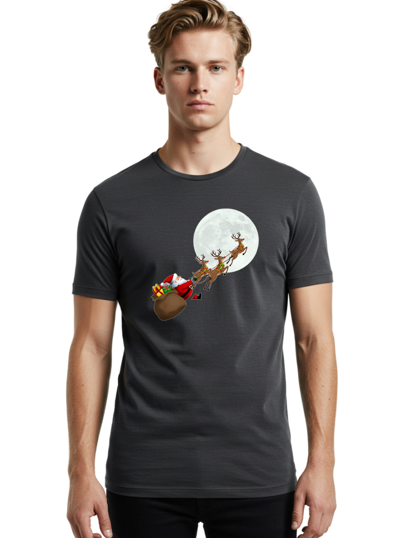 Santa-And-Reindeer Men'S Graphic Tee, 100% Cotton, Comfortable Casual Summer Wear, Machine Washable, Santa Claus, Reindeer, Sack Of Gifts, Christmas Magic, Holiday Cheer, Festive Season, Joyful Atmosphere, Christmas Presents, Sleigh Ride, Bac390