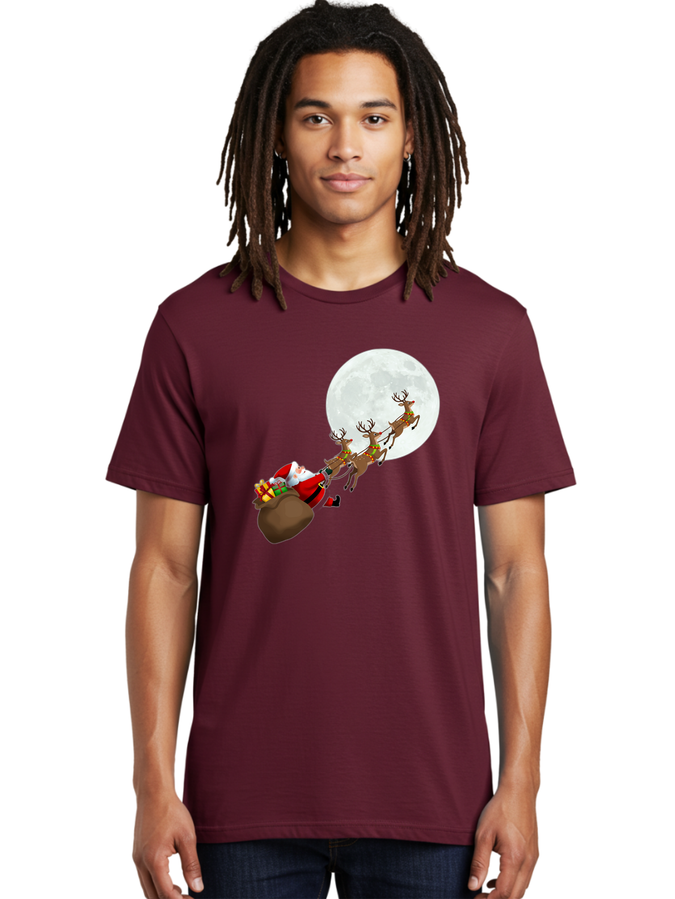 Santa-And-Reindeer Men'S Graphic Tee, 100% Cotton, Comfortable Casual Summer Wear, Machine Washable, Santa Claus, Reindeer, Sack Of Gifts, Christmas Magic, Holiday Cheer, Festive Season, Joyful Atmosphere, Christmas Presents, Sleigh Ride, Bac390