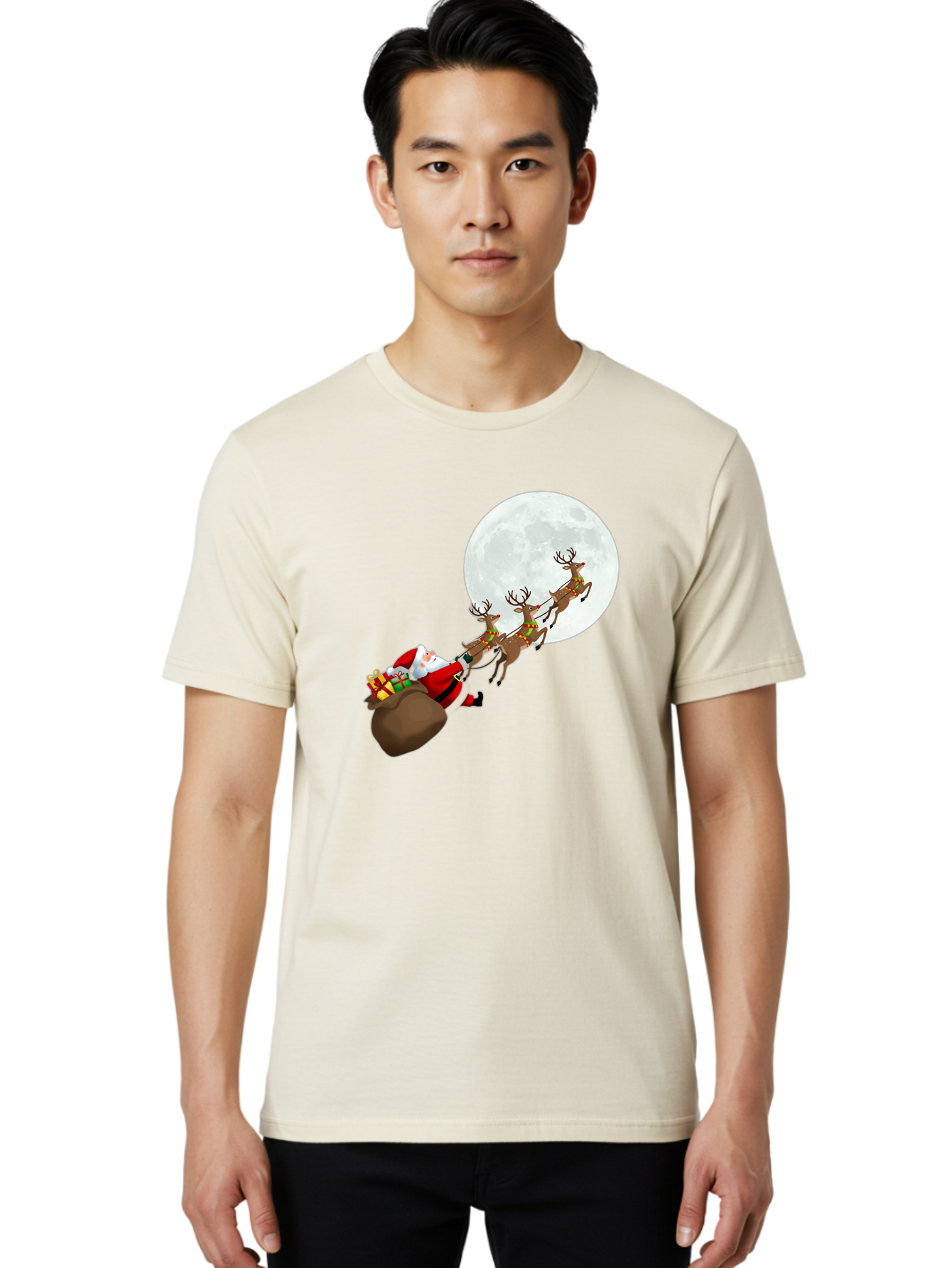 Santa-And-Reindeer Men'S Graphic Tee, 100% Cotton, Comfortable Casual Summer Wear, Machine Washable, Santa Claus, Reindeer, Sack Of Gifts, Christmas Magic, Holiday Cheer, Festive Season, Joyful Atmosphere, Christmas Presents, Sleigh Ride, Bac390