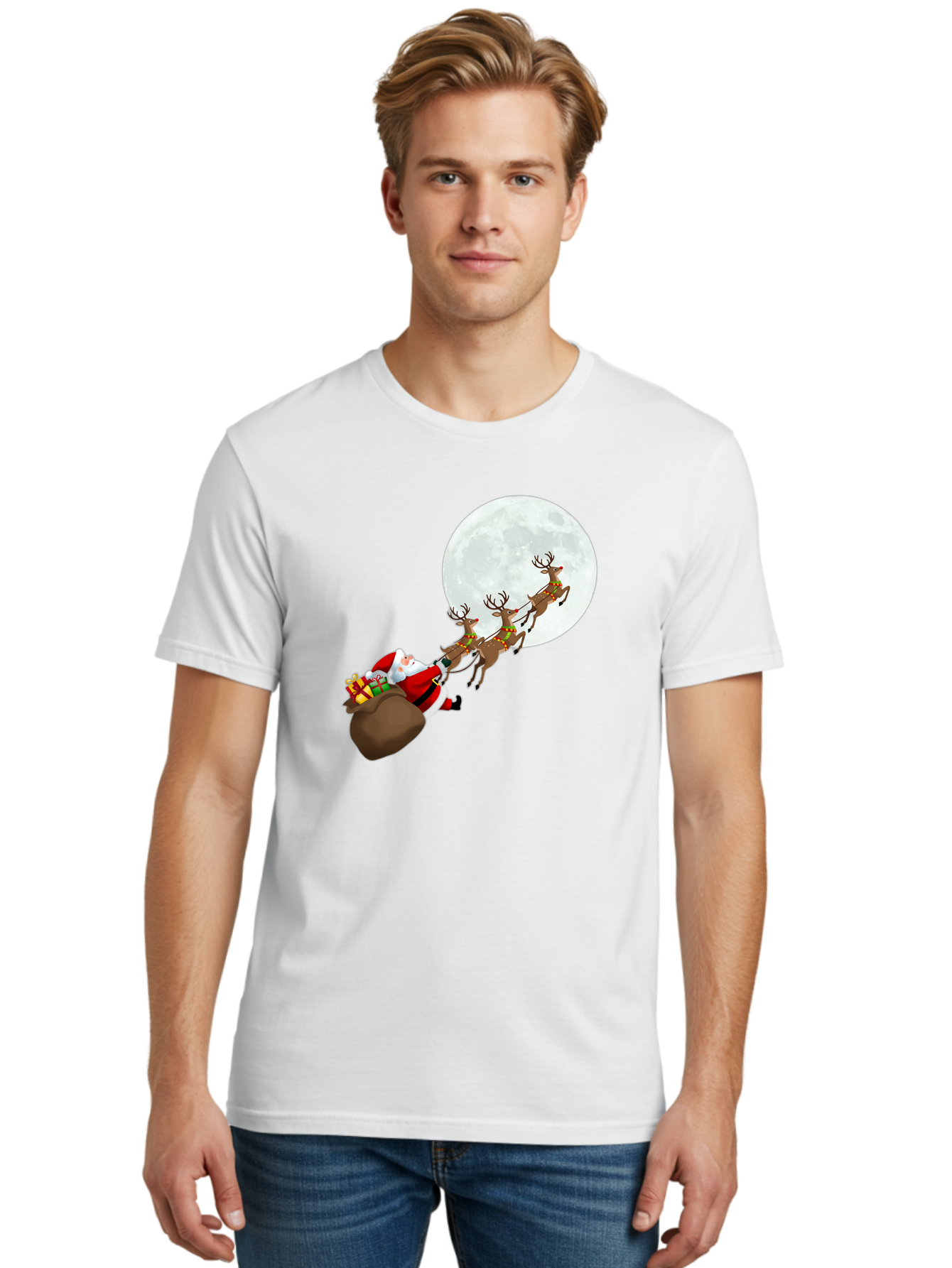 Santa-And-Reindeer Men'S Graphic Tee, 100% Cotton, Comfortable Casual Summer Wear, Machine Washable, Santa Claus, Reindeer, Sack Of Gifts, Christmas Magic, Holiday Cheer, Festive Season, Joyful Atmosphere, Christmas Presents, Sleigh Ride, Bac390