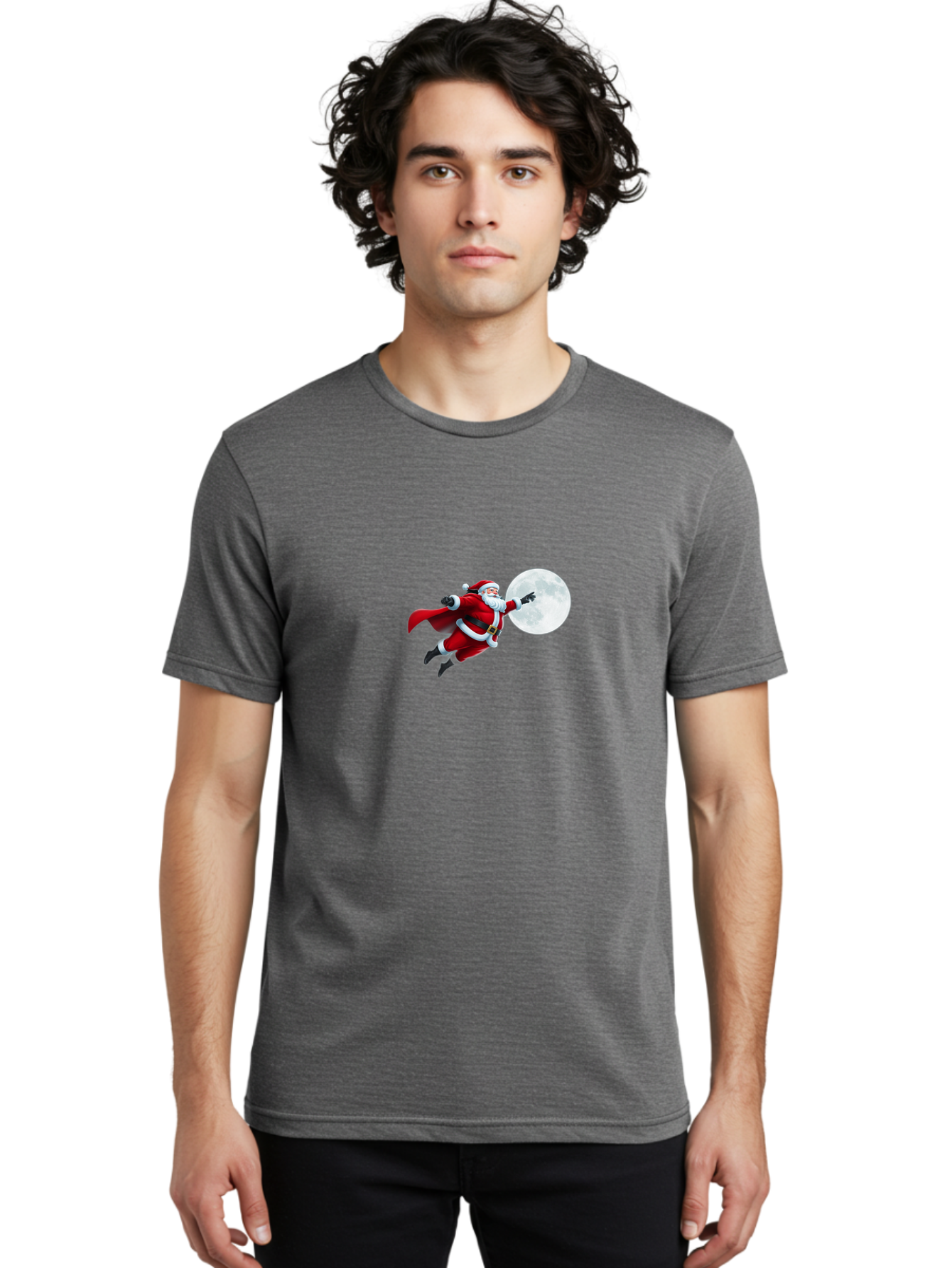 Santa-Claus-1 Men'S Graphic Tee, 100% Cotton, Comfortable Casual Summer Wear, Machine Washable, Santa Claus Flying Through Space, Holding A Gun, Full Moon, Christmas Icon, Festive Character, Holiday Cheer, Jolly Old Man, Gift Giving, Red Suit, Bac391