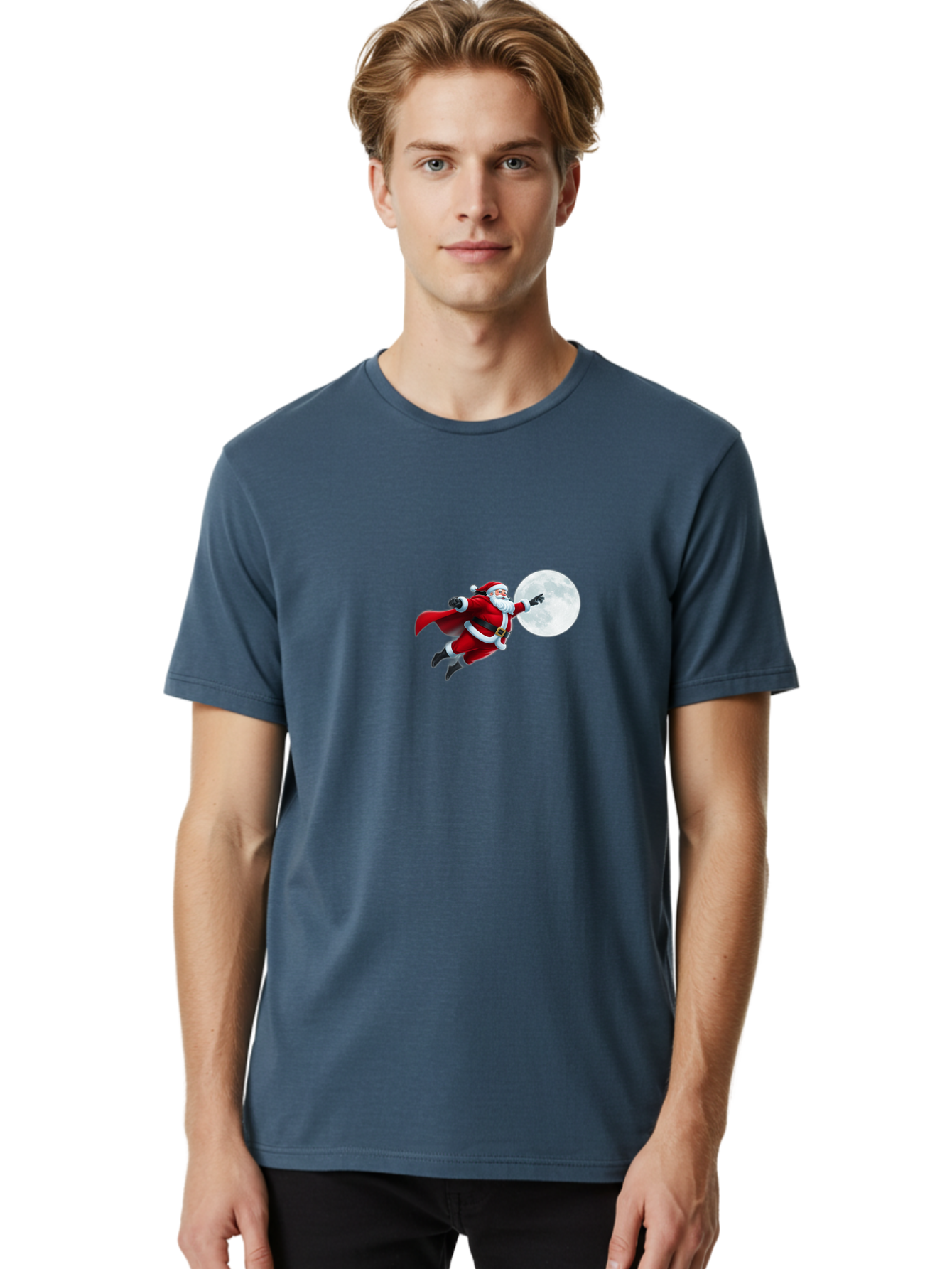 Santa-Claus-1 Men'S Graphic Tee, 100% Cotton, Comfortable Casual Summer Wear, Machine Washable, Santa Claus Flying Through Space, Holding A Gun, Full Moon, Christmas Icon, Festive Character, Holiday Cheer, Jolly Old Man, Gift Giving, Red Suit, Bac391