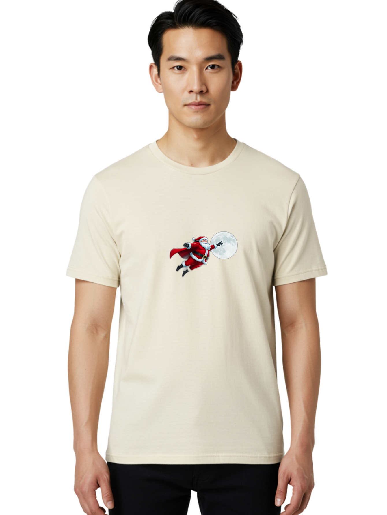 Santa-Claus-1 Men'S Graphic Tee, 100% Cotton, Comfortable Casual Summer Wear, Machine Washable, Santa Claus Flying Through Space, Holding A Gun, Full Moon, Christmas Icon, Festive Character, Holiday Cheer, Jolly Old Man, Gift Giving, Red Suit, Bac391